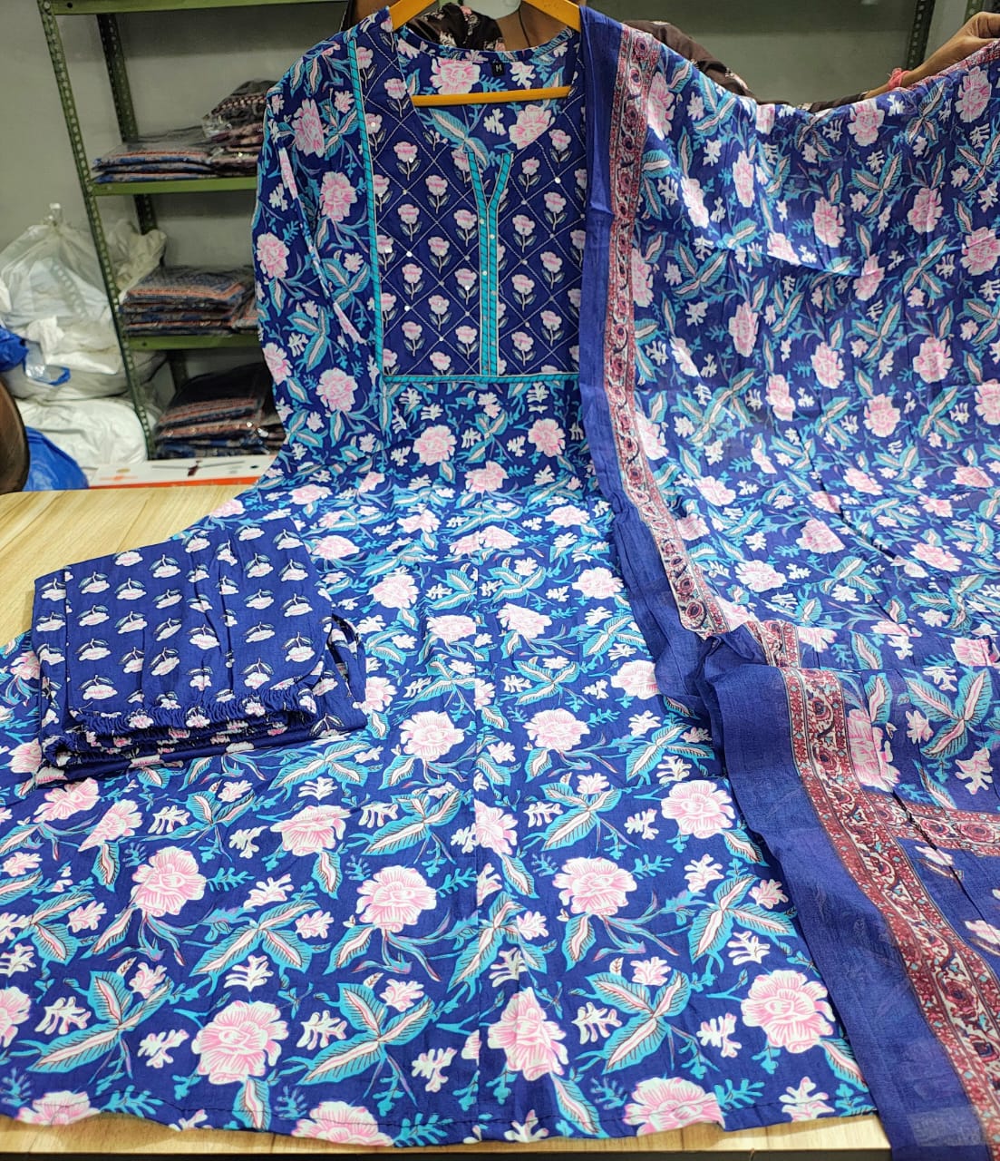Printed Cotton Anarkali Kurta Set with Straight Pant & Dupatta