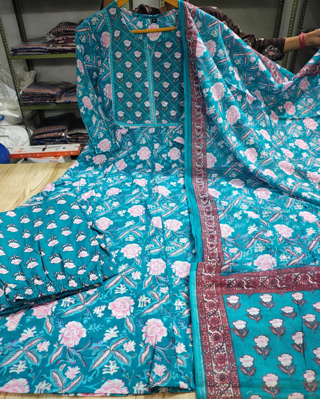 Printed Cotton Anarkali Kurta Set with Straight Pant & Dupatta