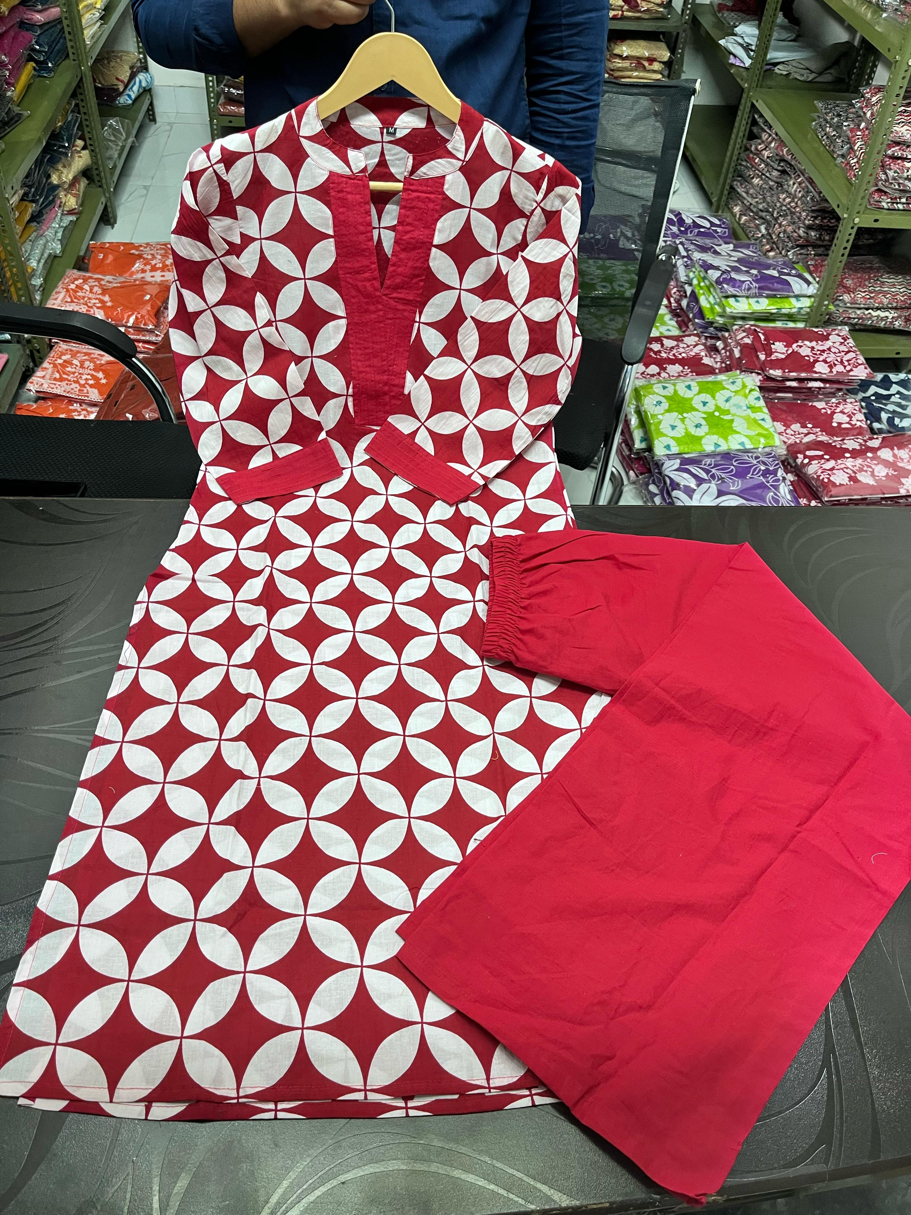 Printed Cotton Kurta Pant Plazo Set (Kurta 46", Pant 37") - 60*60 Cotton