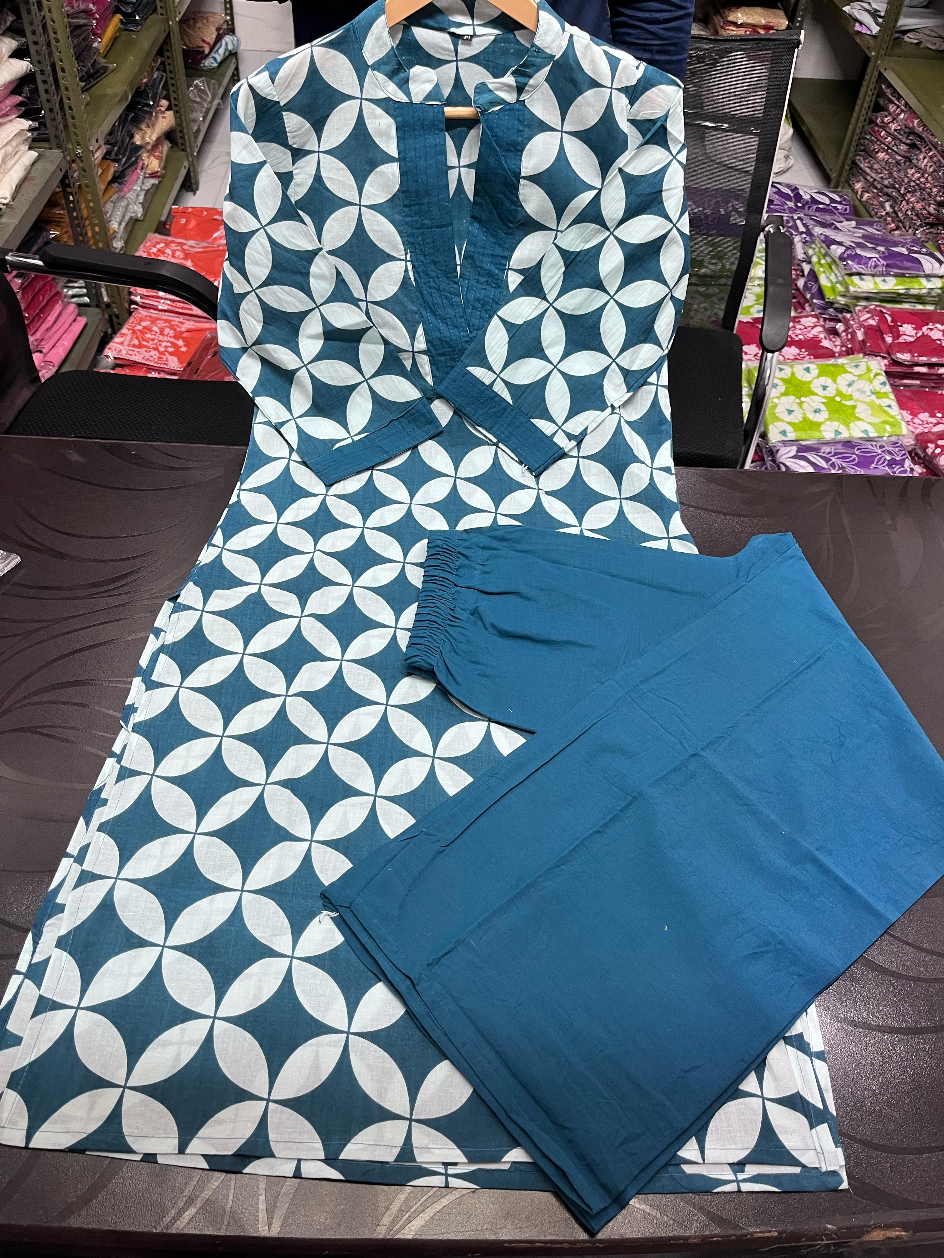 Printed Cotton Kurta Pant Plazo Set (Kurta 46", Pant 37") - 60*60 Cotton