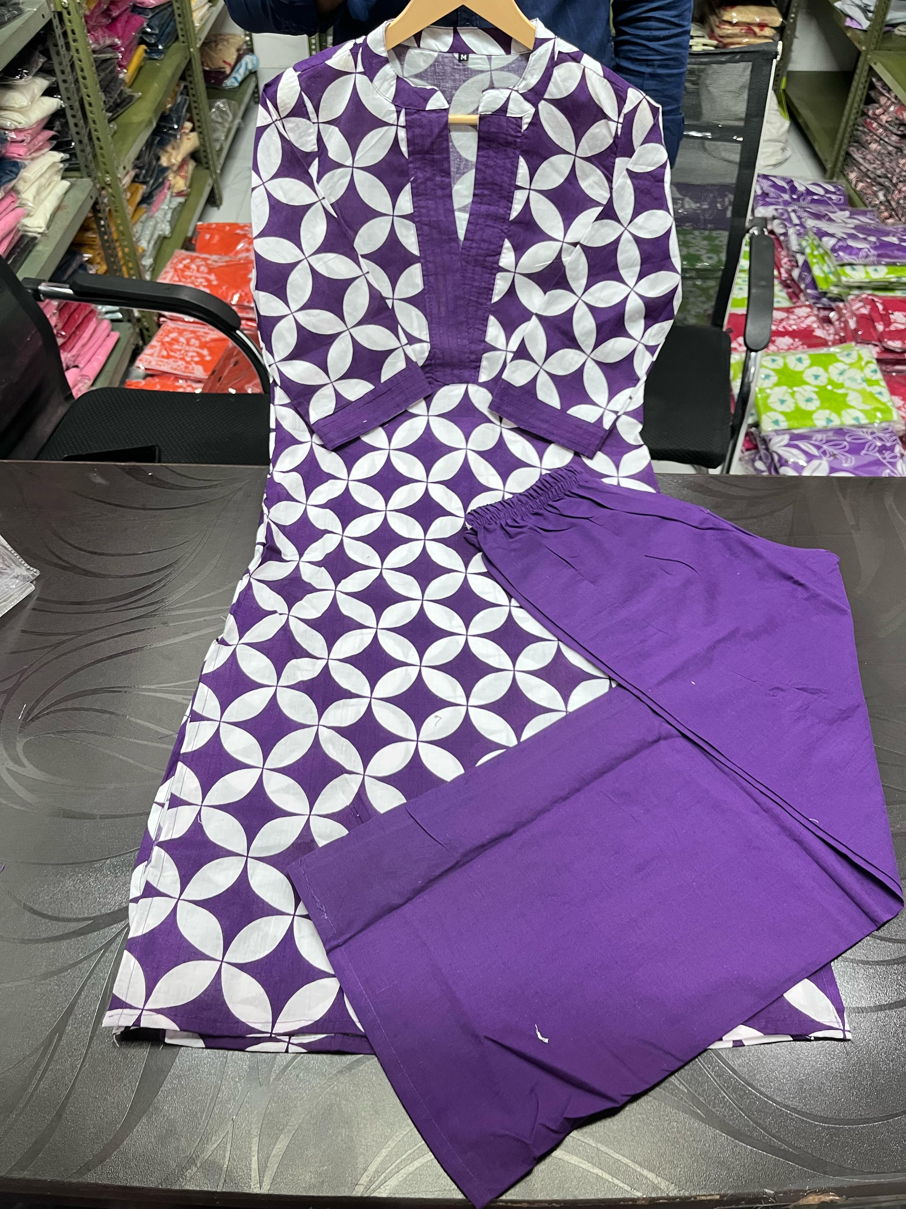 Printed Cotton Kurta Pant Plazo Set (Kurta 46", Pant 37") - 60*60 Cotton