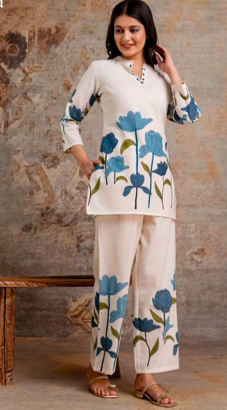 Printed Cotton Slub Co-ord Set | 2-Piece Kurti & Pant Set