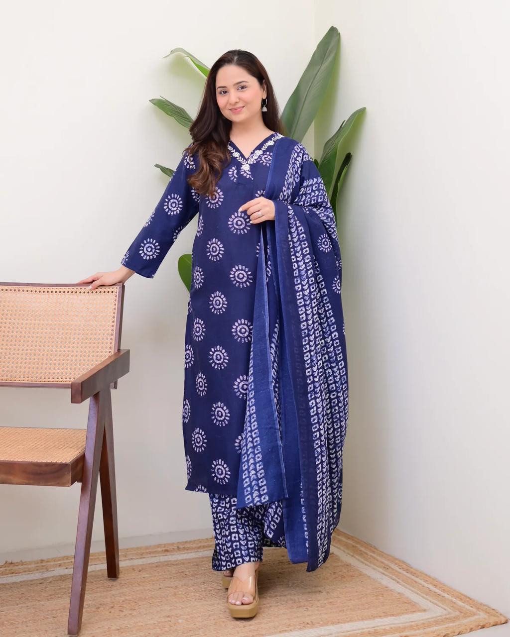 Printed Cotton Straight Kurta Set with Pant & Dupatta | 60x60 Cotton