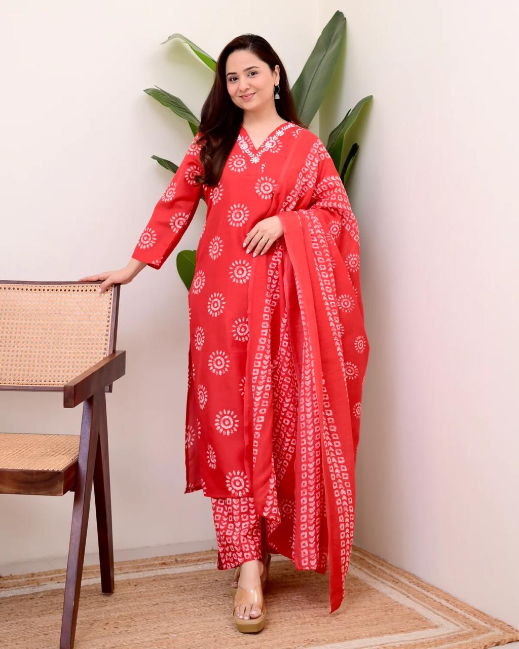 Printed Cotton Straight Kurta Set with Pant & Dupatta | 60x60 Cotton