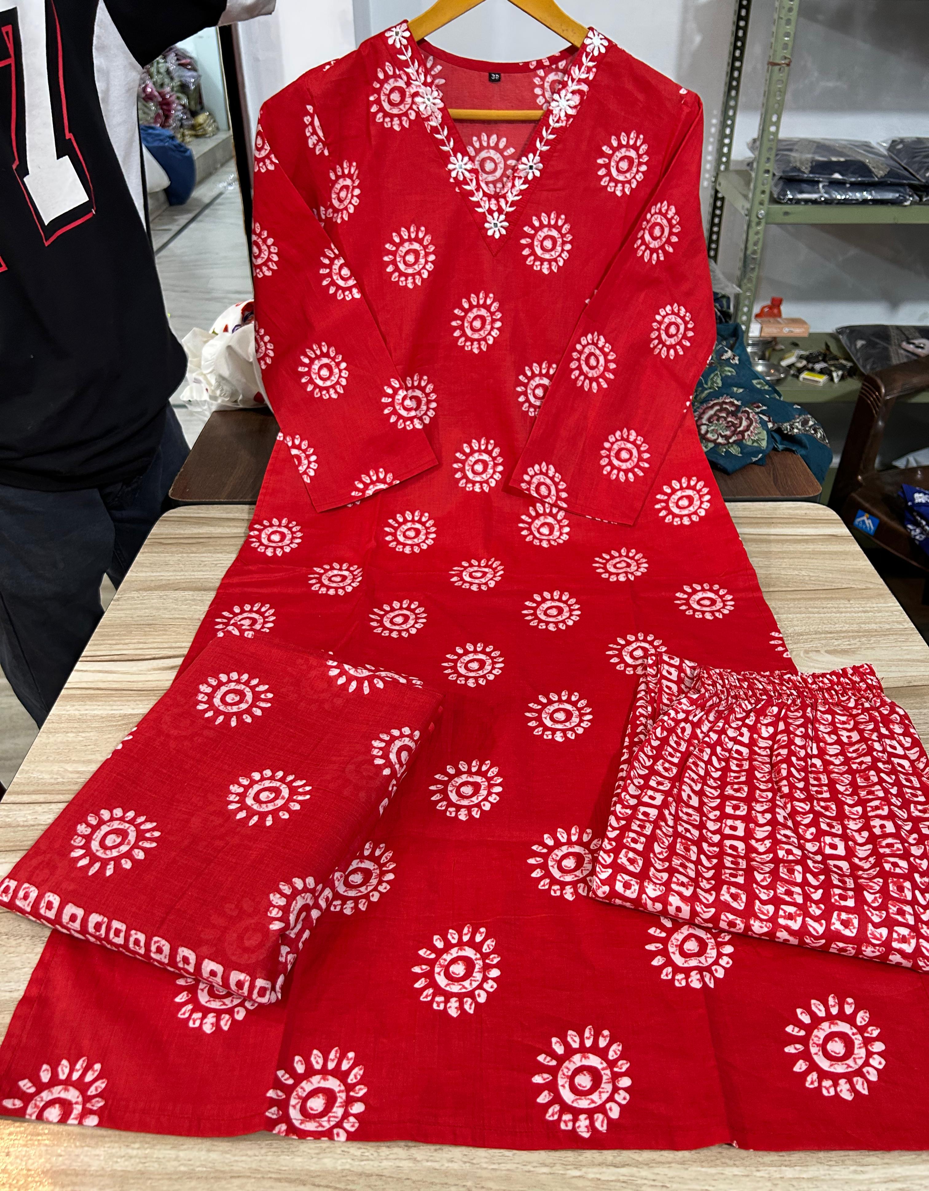 Printed Cotton Straight Kurta Set with Pant & Dupatta | 60x60 Cotton