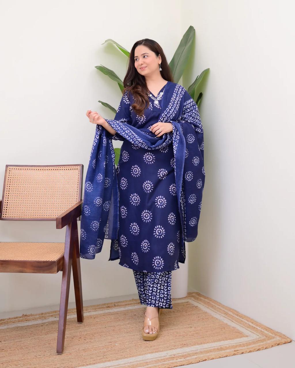 Printed Cotton Straight Kurta Set with Pant & Dupatta | 60x60 Cotton