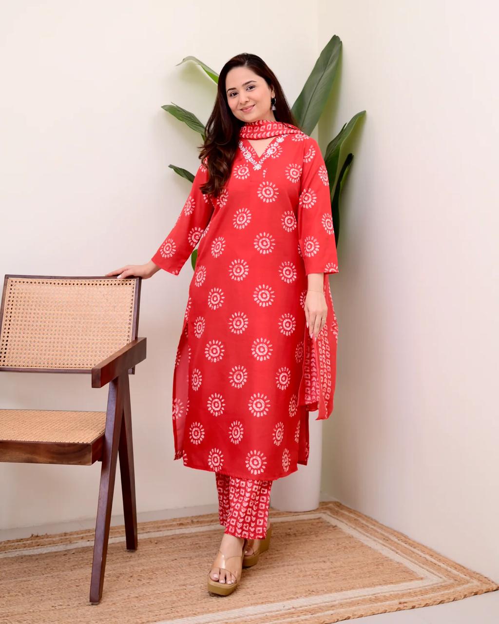 Printed Cotton Straight Kurta Set with Pant & Dupatta | 60x60 Cotton