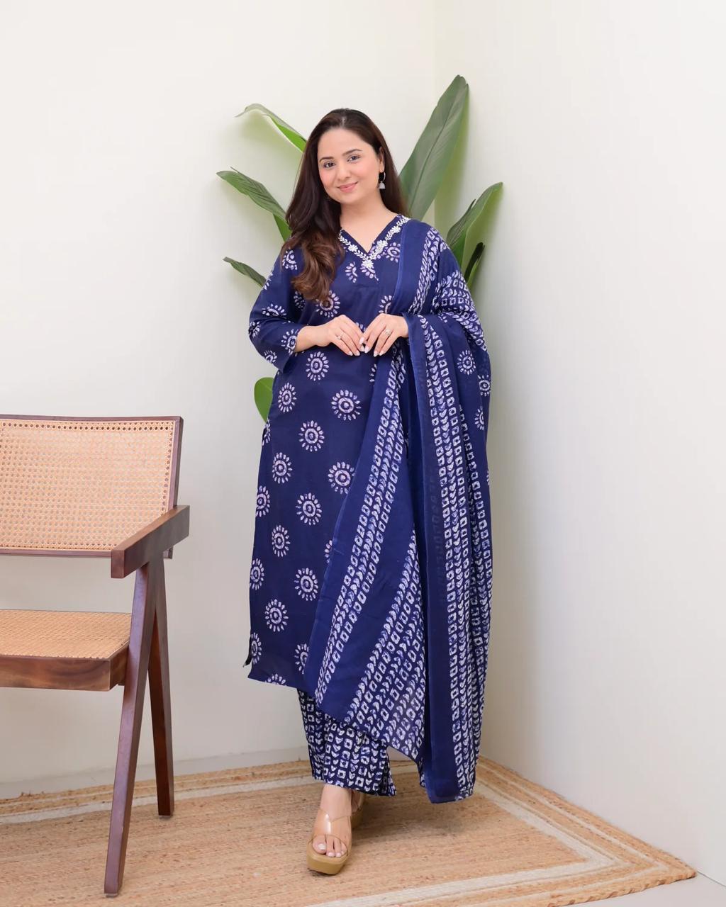 Printed Cotton Straight Kurta Set with Pant & Dupatta | 60x60 Cotton