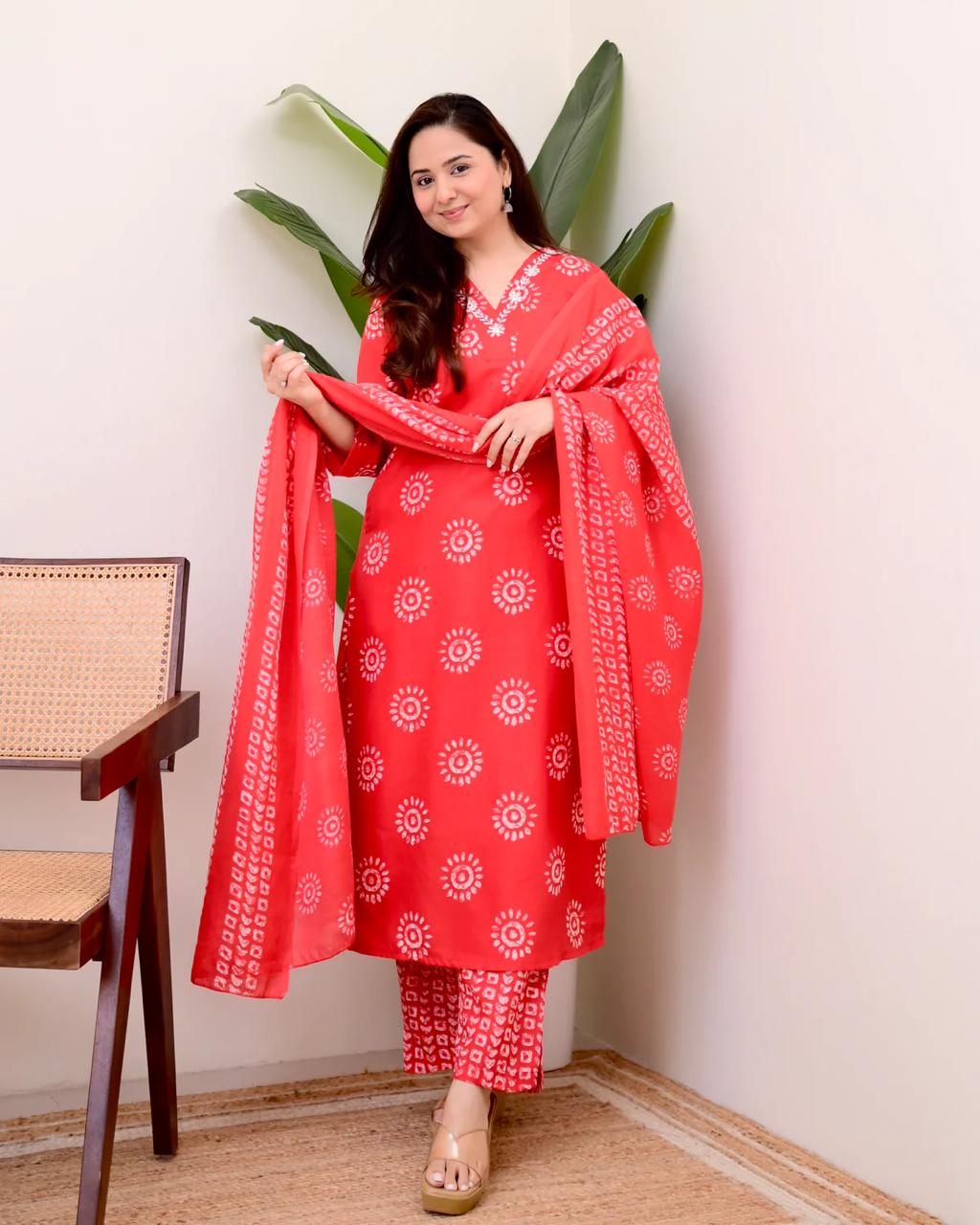 Printed Cotton Straight Kurta Set with Pant & Dupatta | 60x60 Cotton