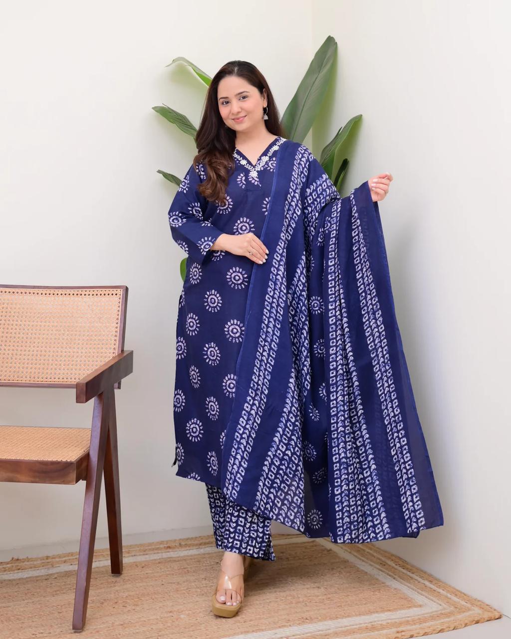 Printed Cotton Straight Kurta Set with Pant & Dupatta | 60x60 Cotton
