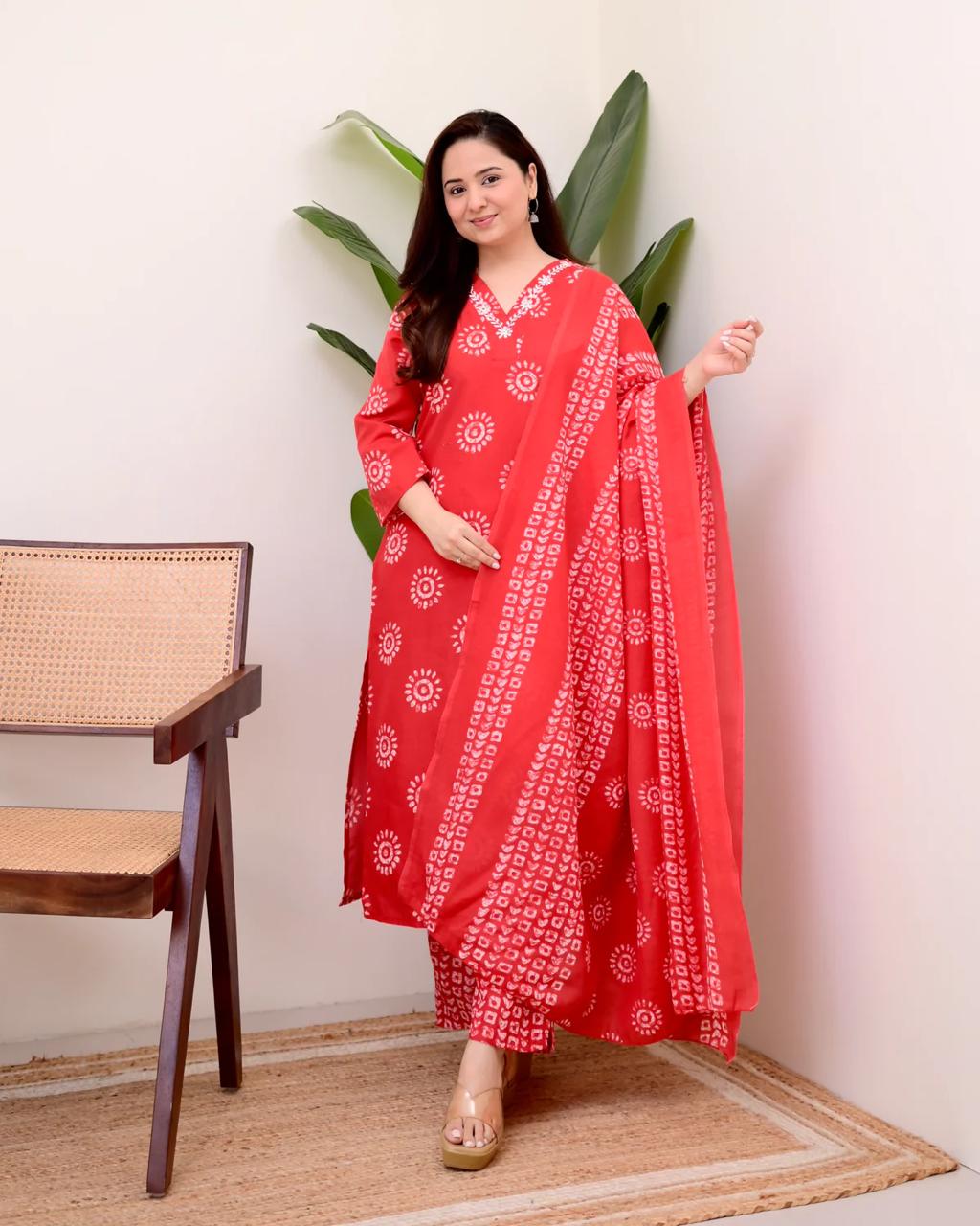 Printed Cotton Straight Kurta Set with Pant & Dupatta | 60x60 Cotton