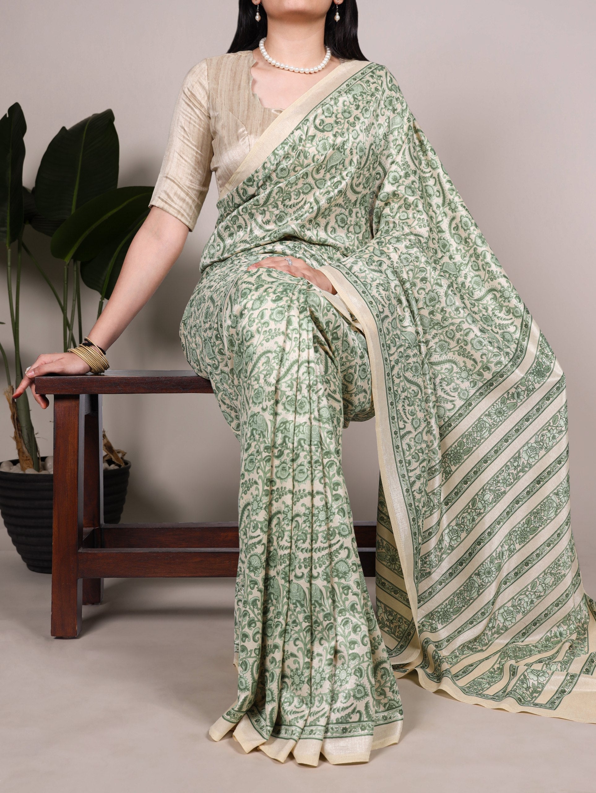 Printed Tasar Silk Saree with Matching Unstitched Blouse