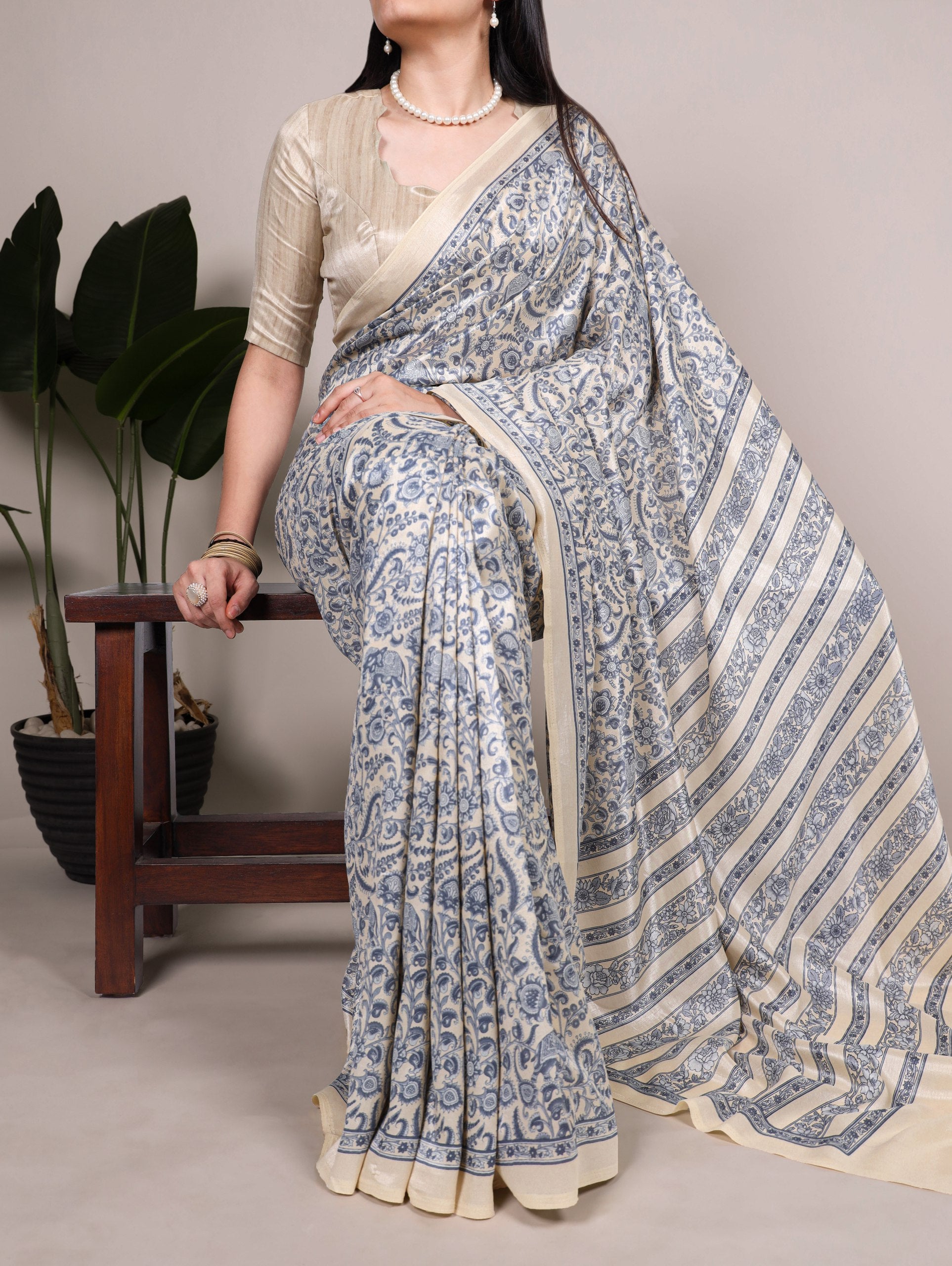 Printed Tasar Silk Saree with Matching Unstitched Blouse