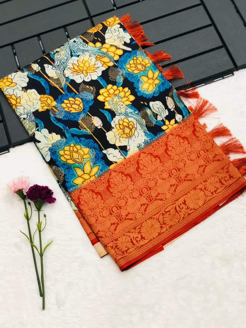 Banarasi Silk Pichwai Kalamkari Saree with Zari Gold Kanchi Weaving