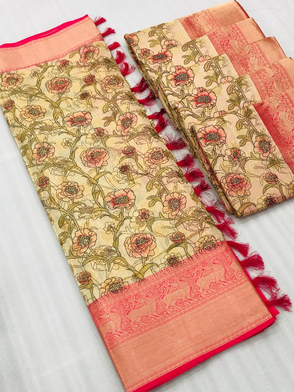 Banarasi Silk Pichwai Kalamkari Saree with Zari Gold Kanchi Weaving
