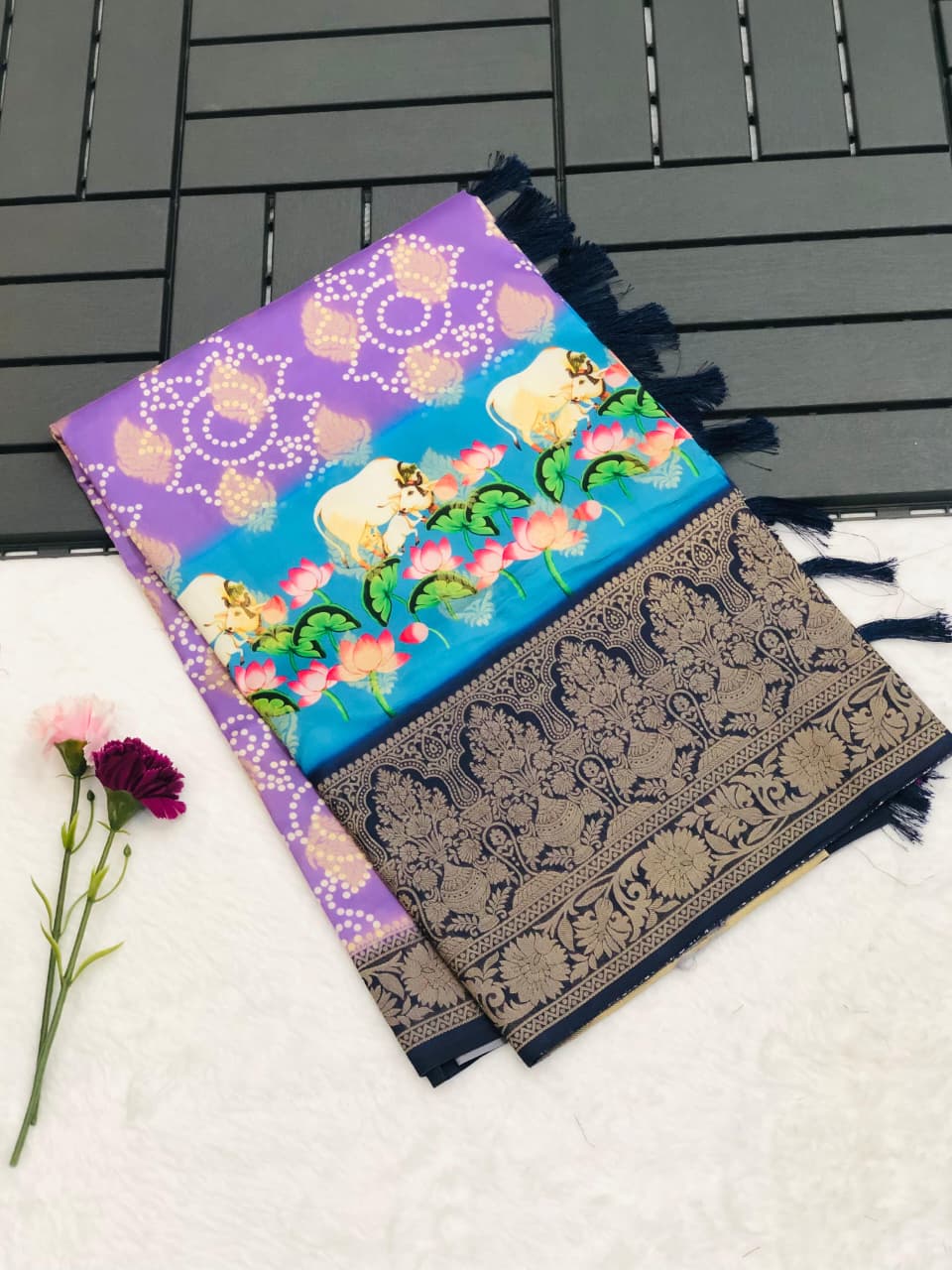 Banarasi Silk Pichwai Kalamkari Saree with Zari Gold Kanchi Weaving