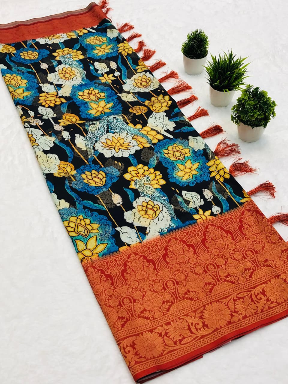 Banarasi Silk Pichwai Kalamkari Saree with Zari Gold Kanchi Weaving
