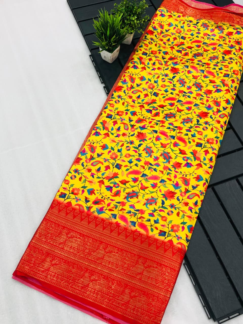 Banarasi Silk Pichwai Kalamkari Saree with Zari Gold Kanchi Weaving