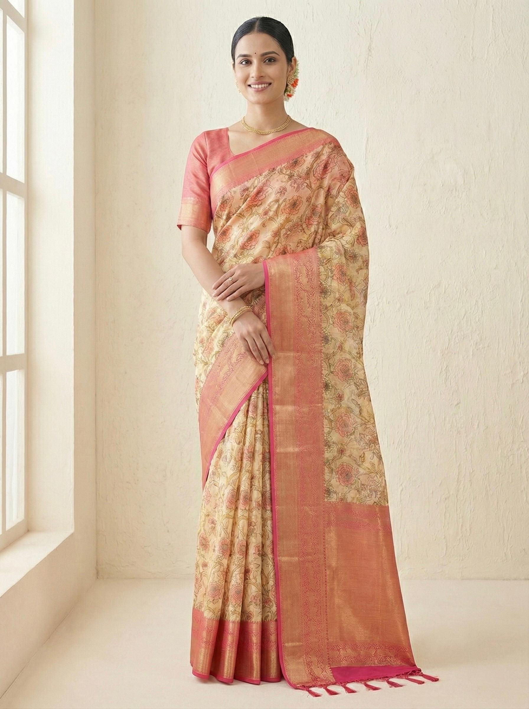 Banarasi Silk Pichwai Kalamkari Saree with Zari Gold Kanchi Weaving