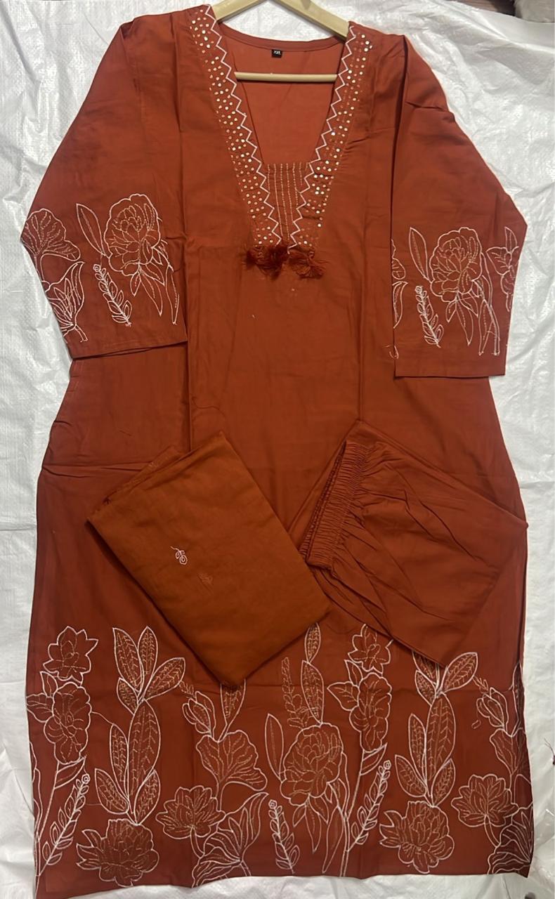 Cotton 60x60 Suit Set with Thread Work & Embroidered Dupatta for Women