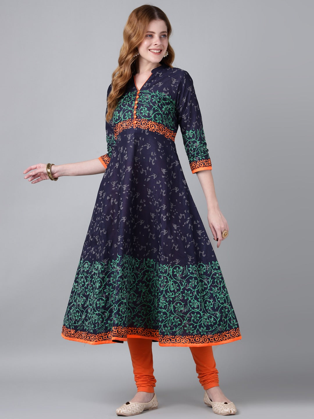 Navy Blue Cotton Anarkali Kurta with Floral Block Print