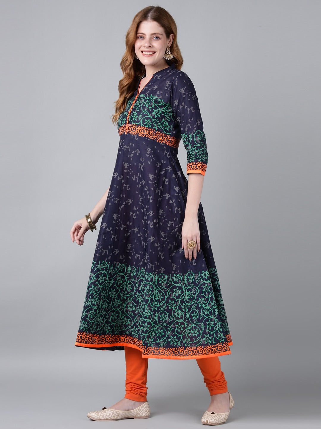 Navy Blue Cotton Anarkali Kurta with Floral Block Print