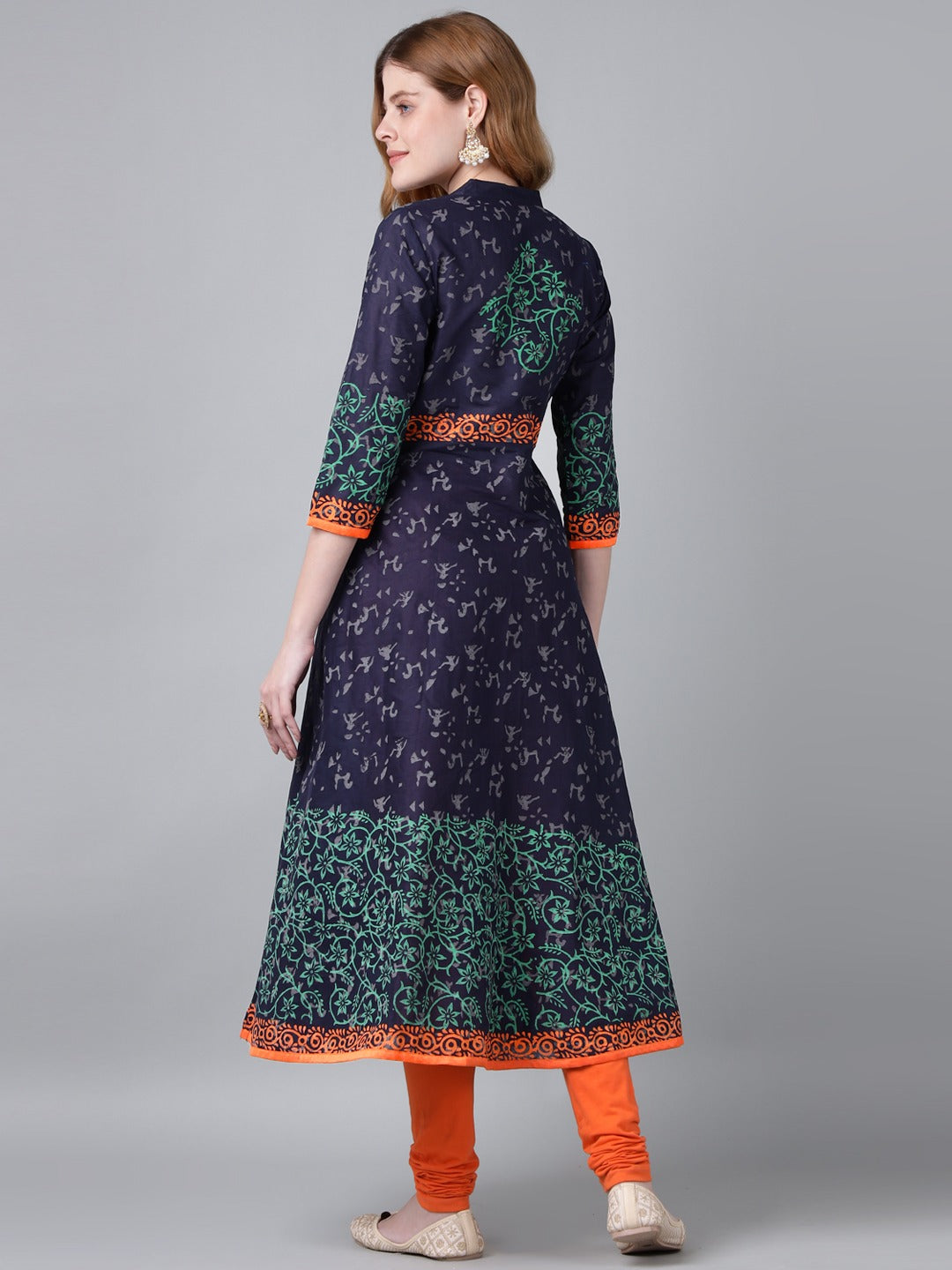 Navy Blue Cotton Anarkali Kurta with Floral Block Print