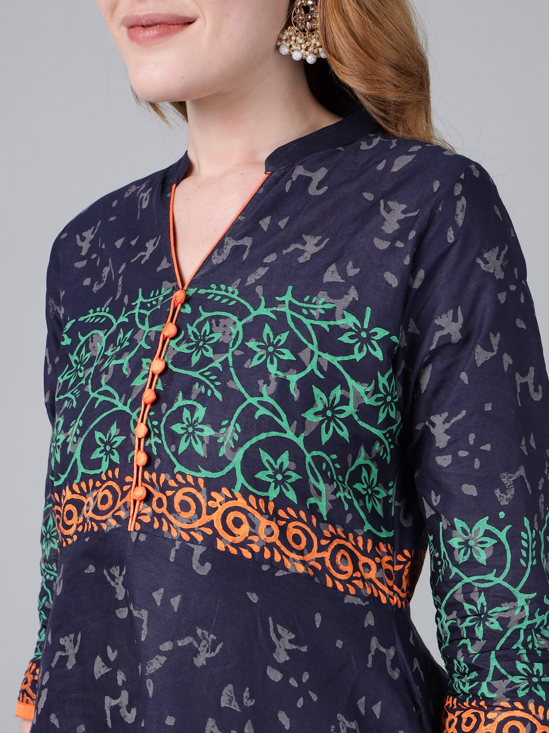 Navy Blue Cotton Anarkali Kurta with Floral Block Print
