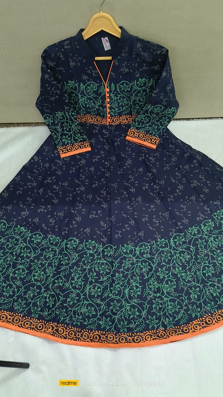 Navy Blue Cotton Anarkali Kurta with Floral Block Print