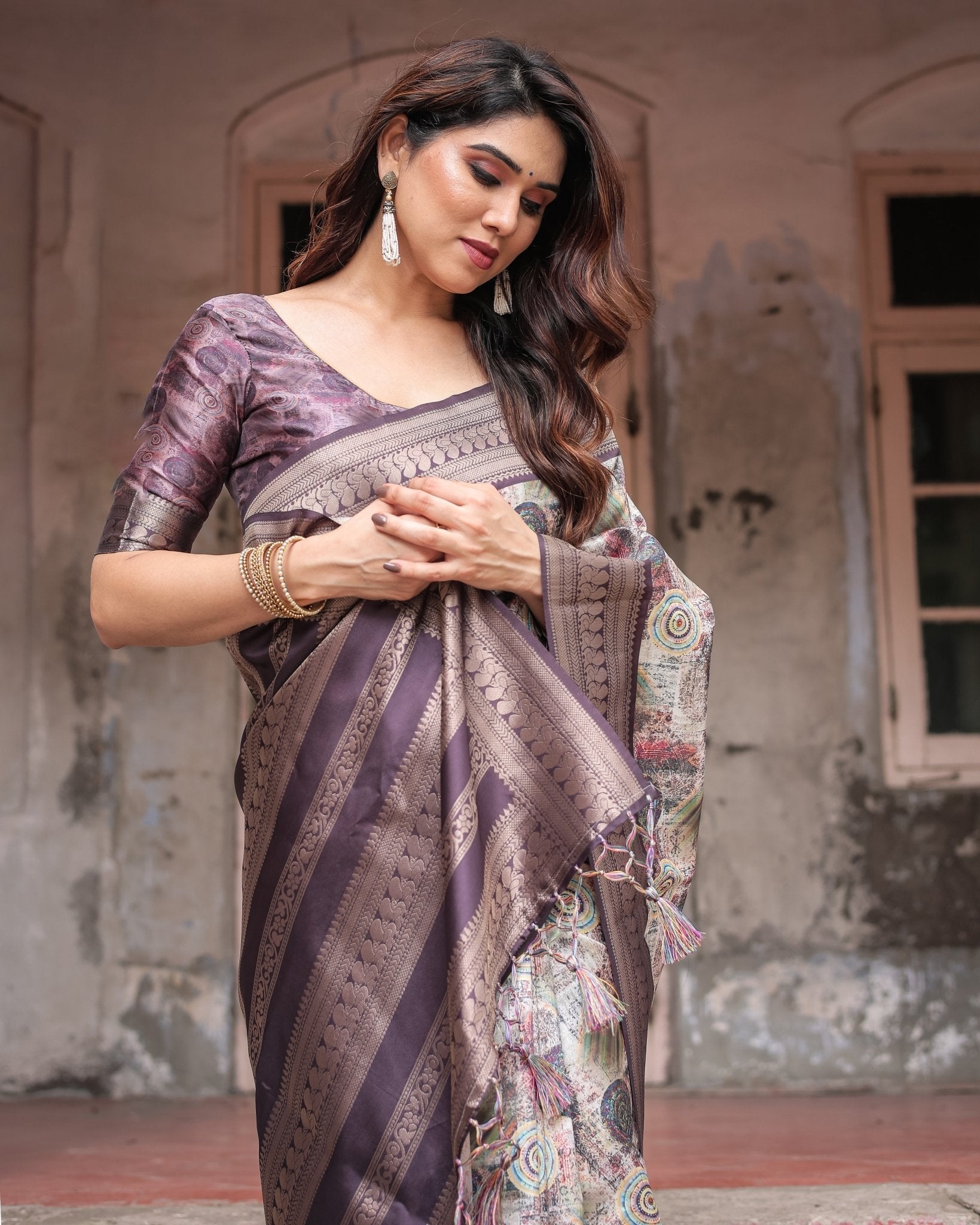 Regal Purple Banarasi Silk Saree with Digital Print and Ornate Border