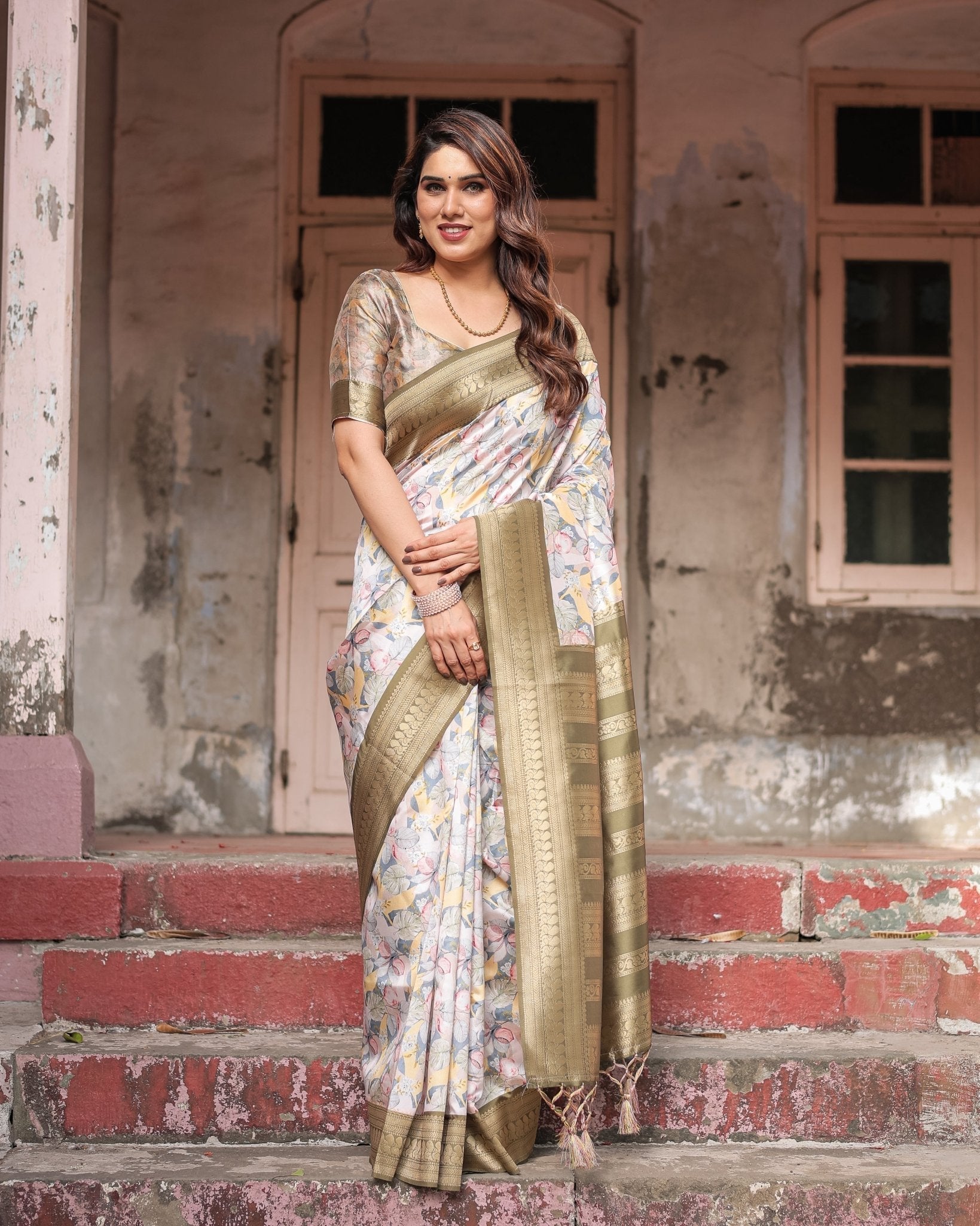 Ivory Banarasi Silk Saree with Gold Zari Border and Multicolor Floral Design