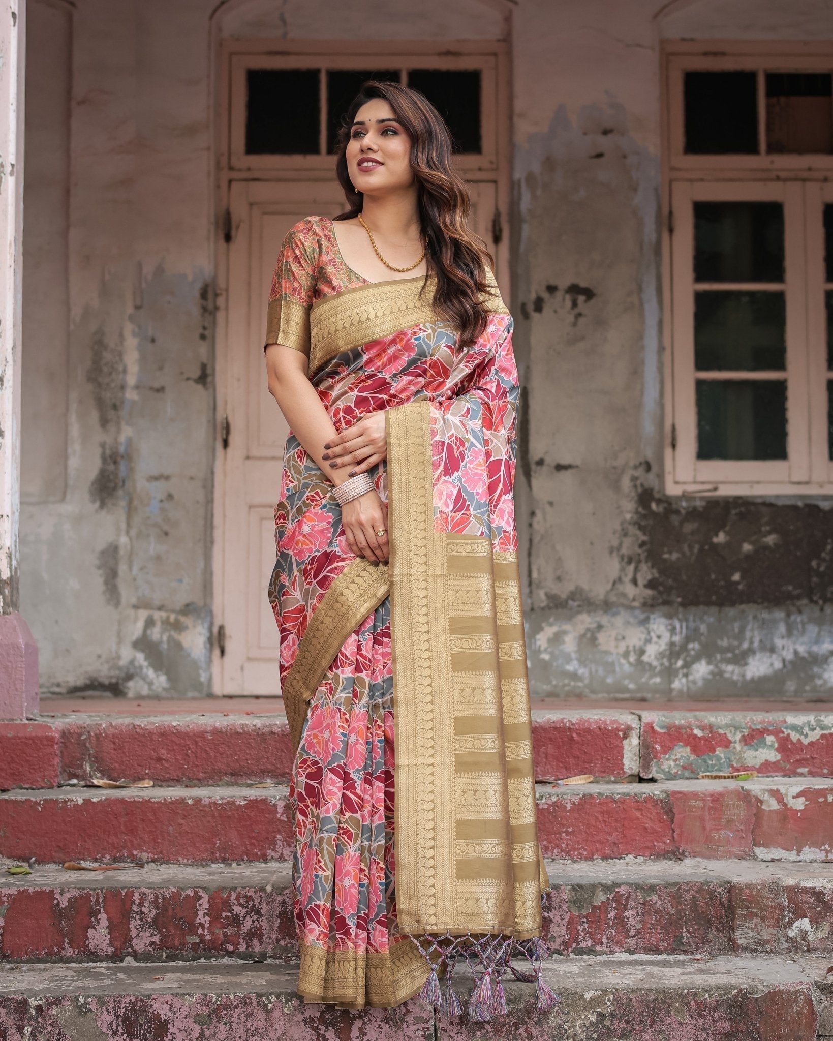 Gold Banarasi Silk Saree with Bold Floral Print and Intricate Zari Border