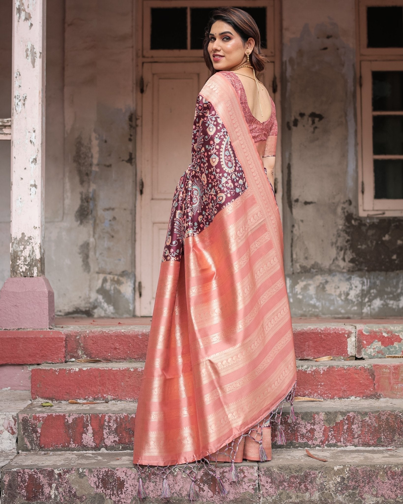Maroon Banarasi Silk Saree with Peach Zari Border and Paisley Motifs