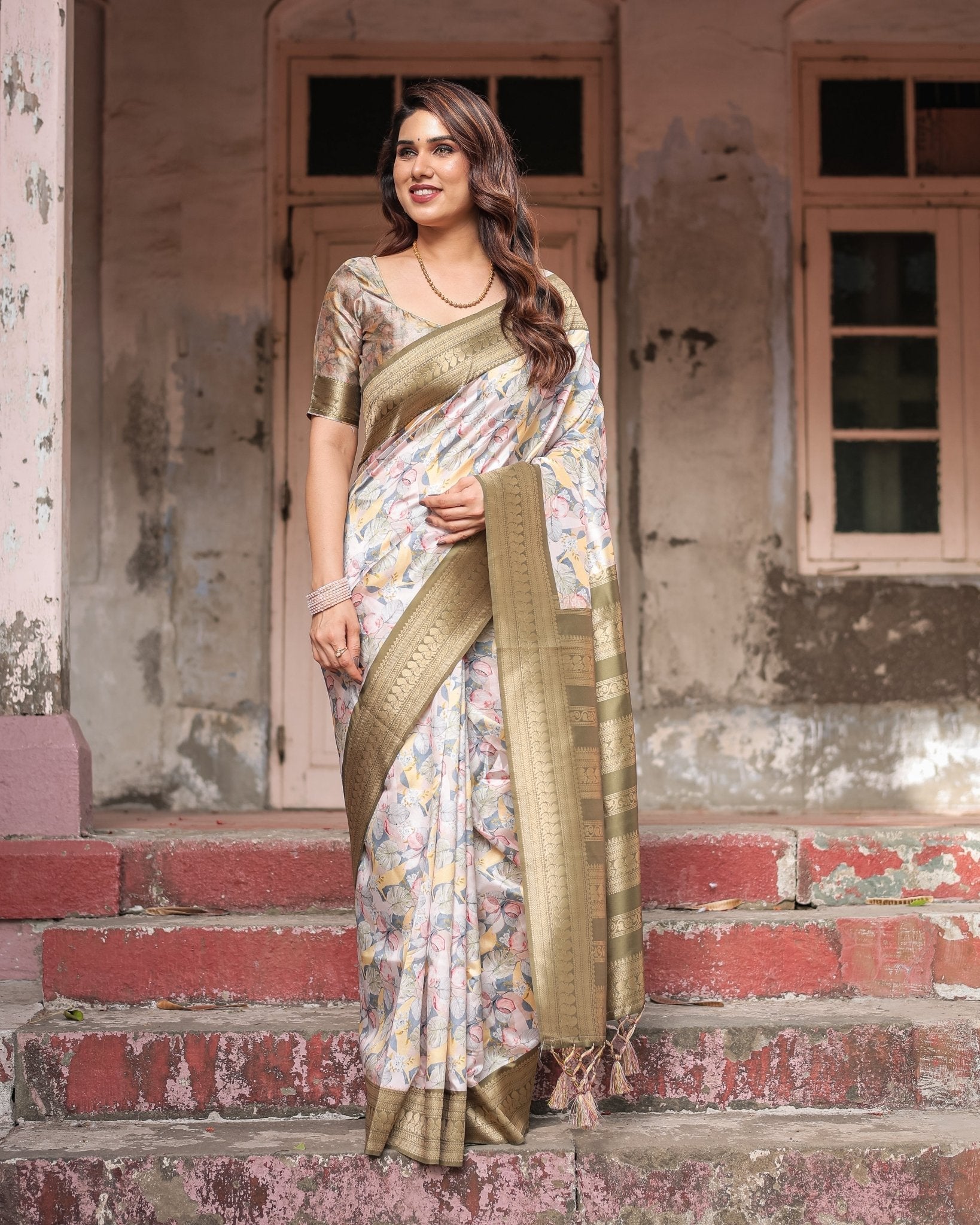 Ivory Banarasi Silk Saree with Gold Zari Border and Multicolor Floral Design