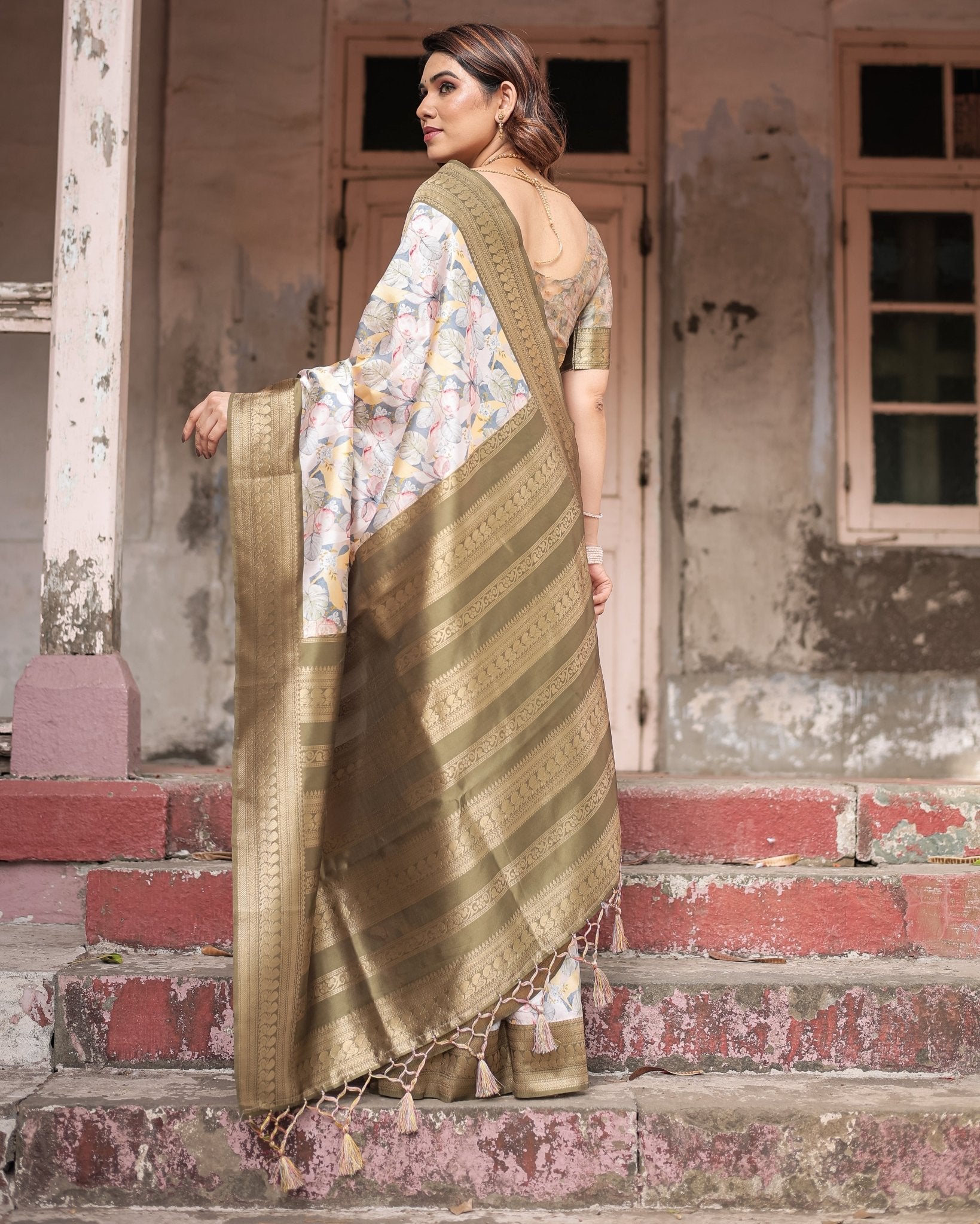 Ivory Banarasi Silk Saree with Gold Zari Border and Multicolor Floral Design