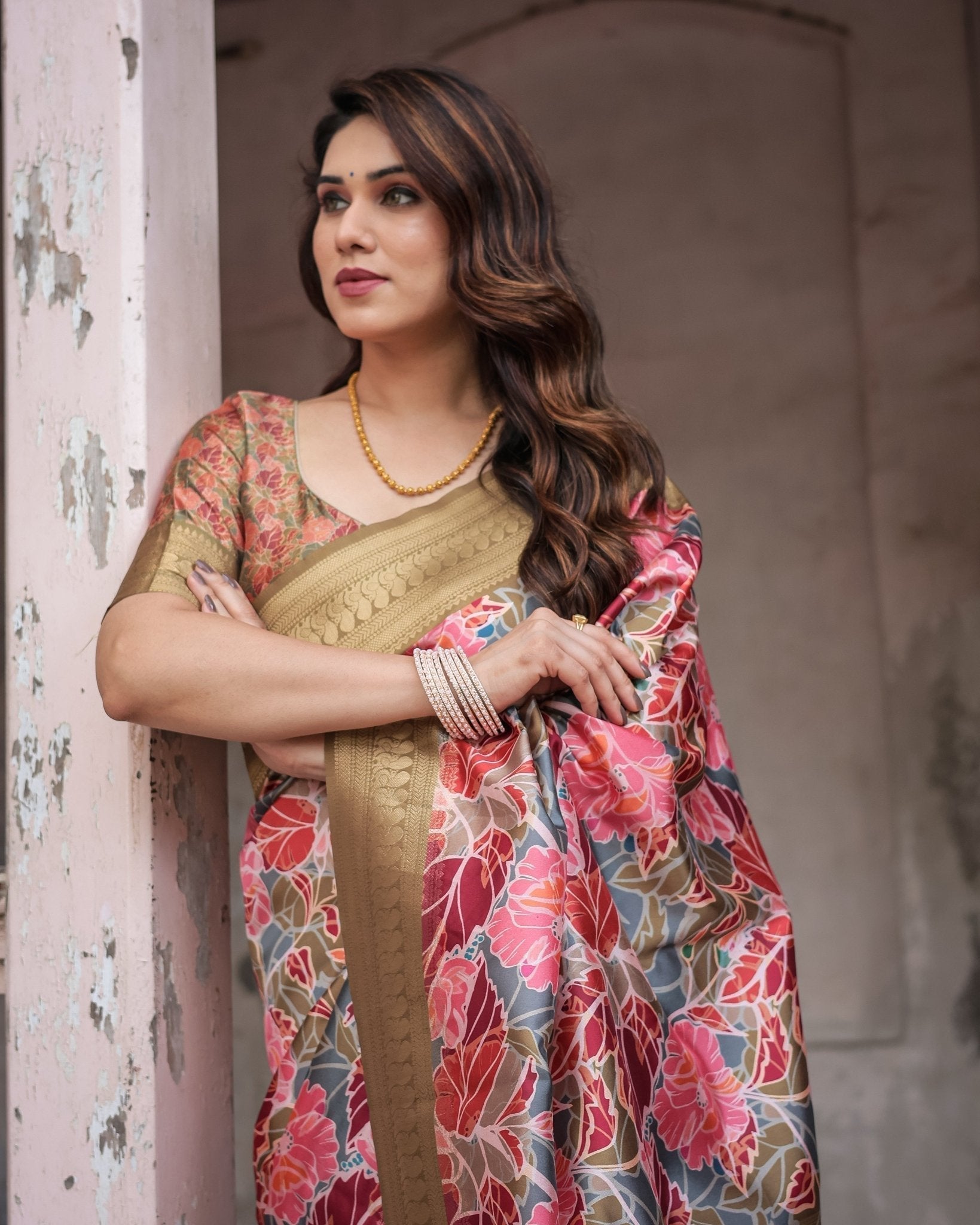 Gold Banarasi Silk Saree with Bold Floral Print and Intricate Zari Border