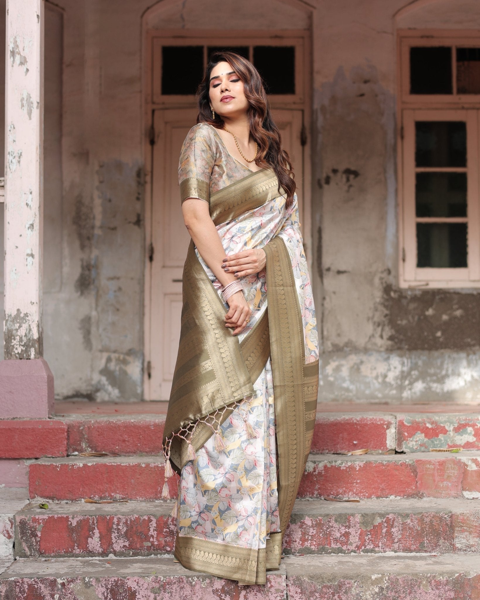 Ivory Banarasi Silk Saree with Gold Zari Border and Multicolor Floral Design