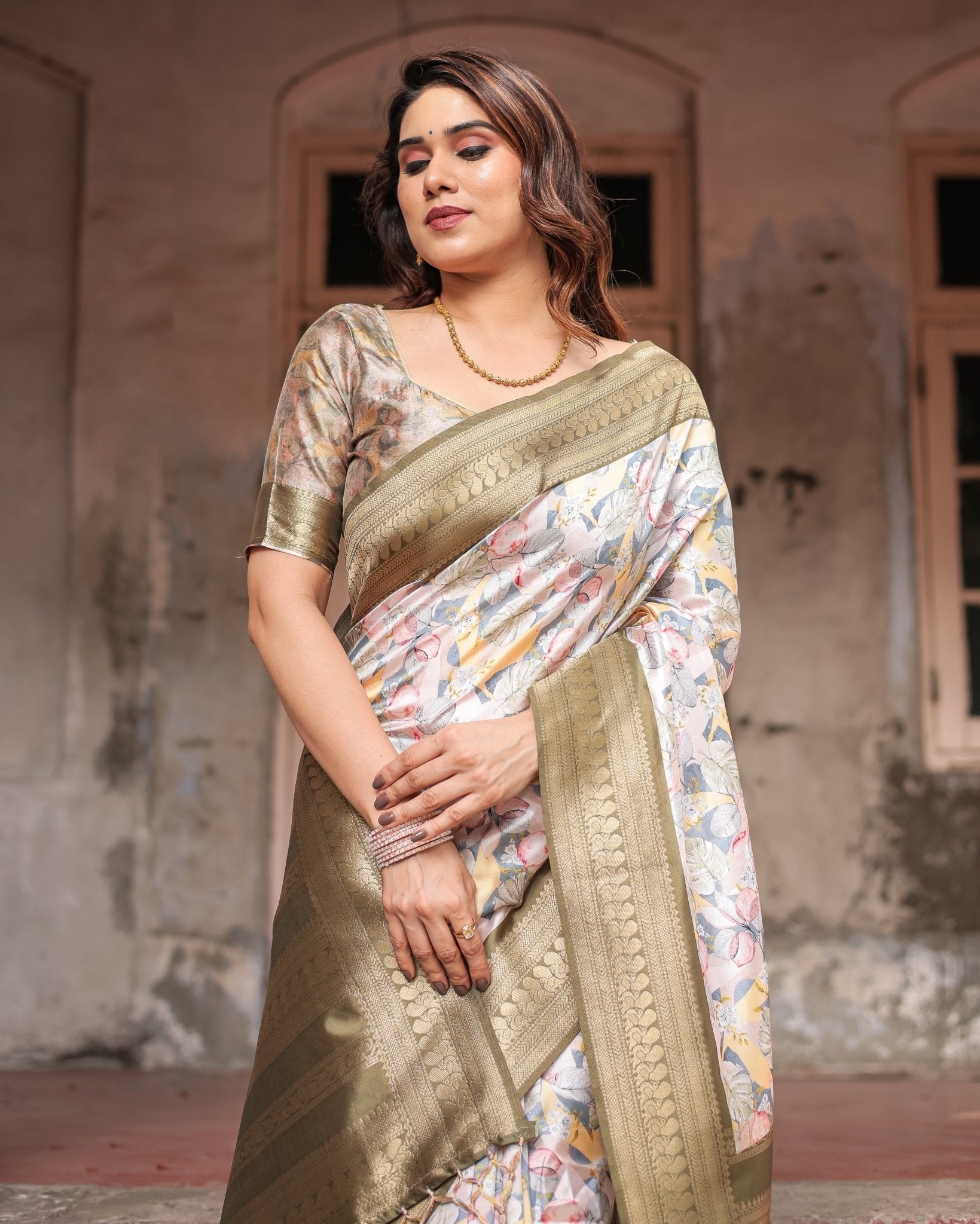 Ivory Banarasi Silk Saree with Gold Zari Border and Multicolor Floral Design