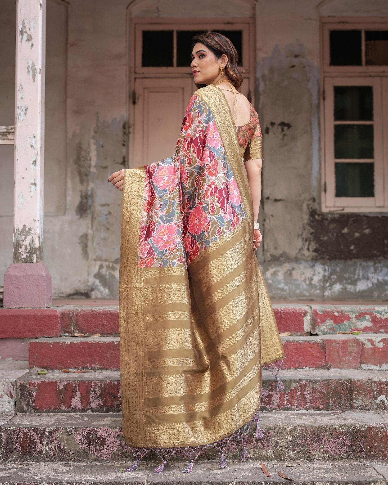 Gold Banarasi Silk Saree with Bold Floral Print and Intricate Zari Border