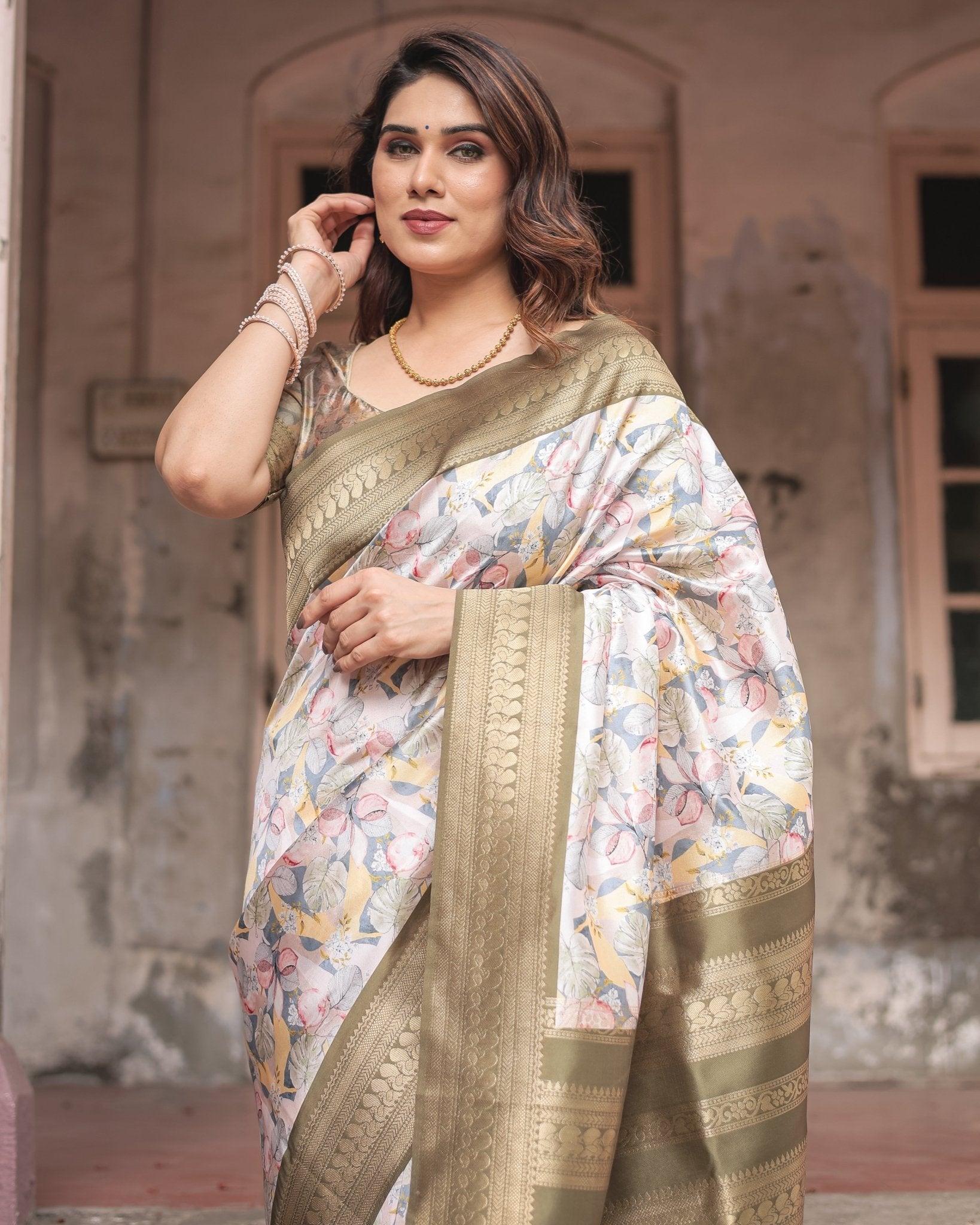 Ivory Banarasi Silk Saree with Gold Zari Border and Multicolor Floral Design