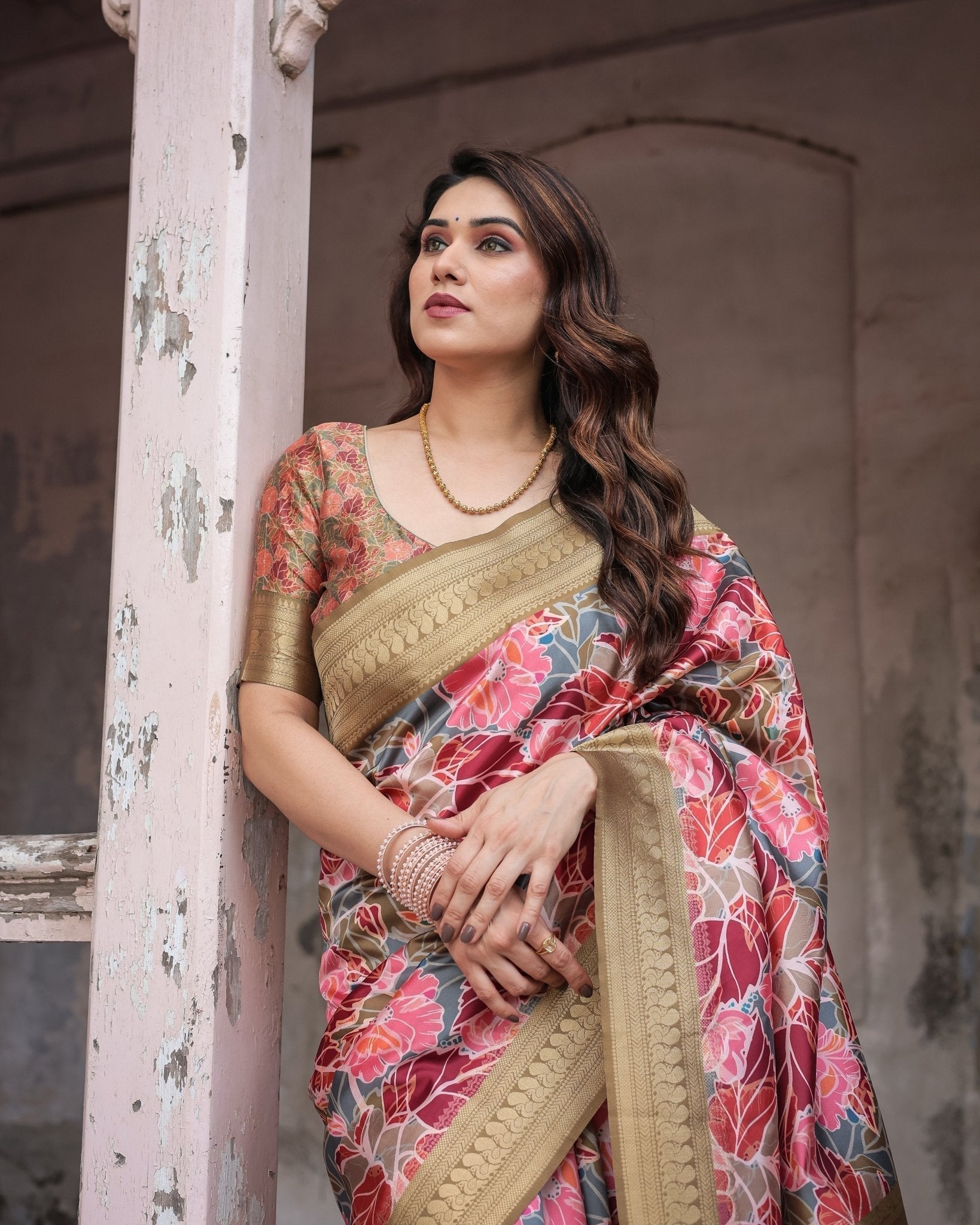 Gold Banarasi Silk Saree with Bold Floral Print and Intricate Zari Border