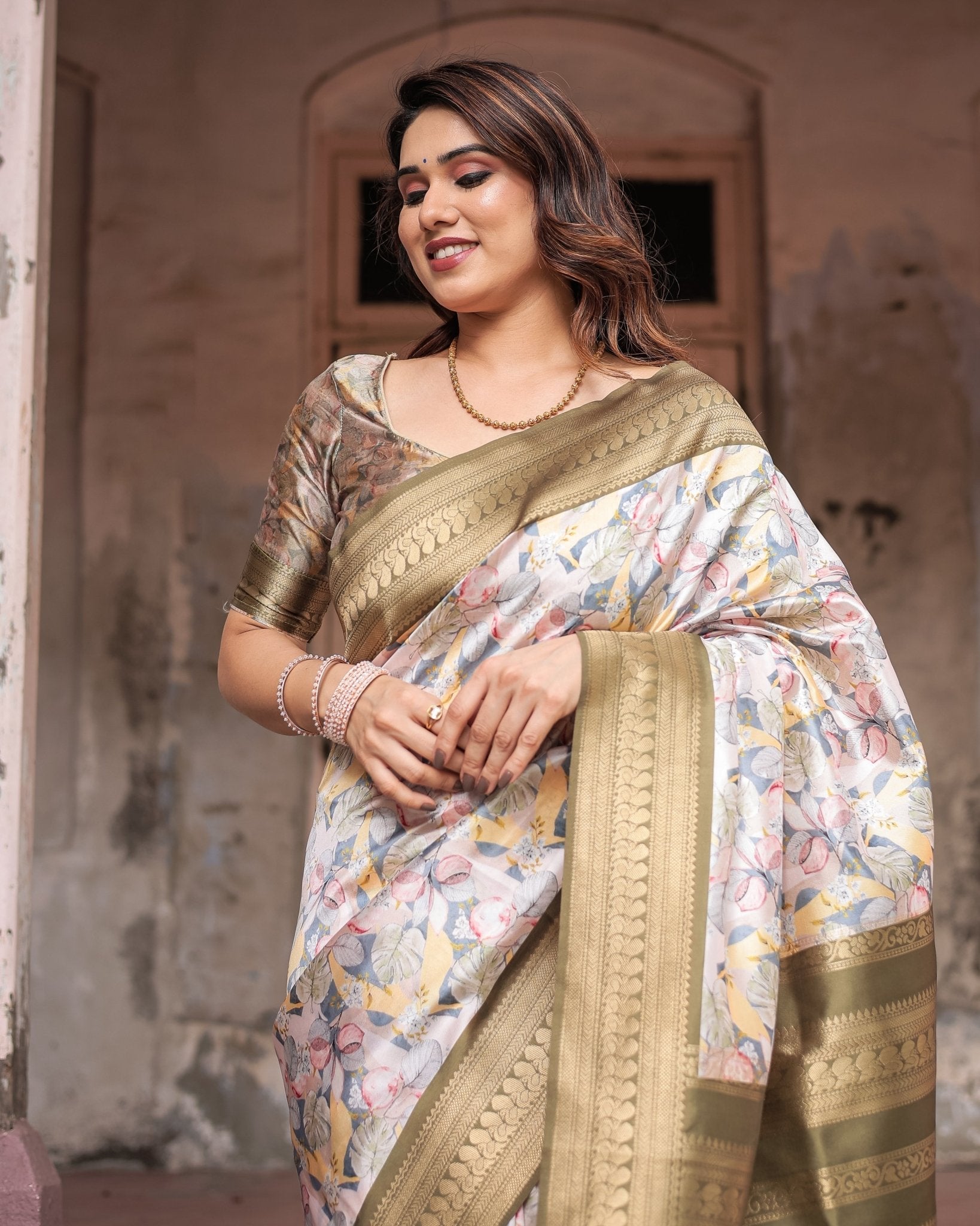 Ivory Banarasi Silk Saree with Gold Zari Border and Multicolor Floral Design