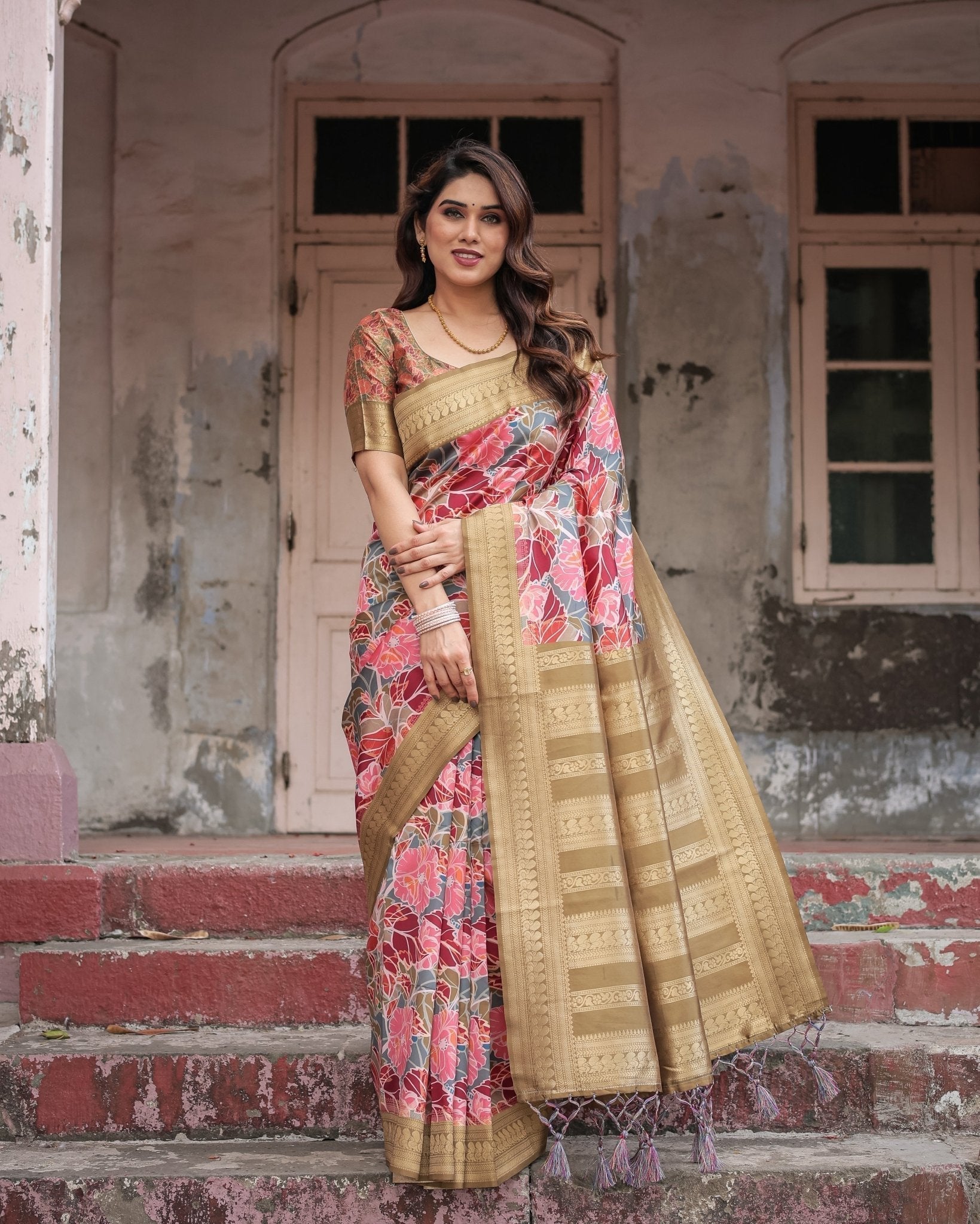Gold Banarasi Silk Saree with Bold Floral Print and Intricate Zari Border