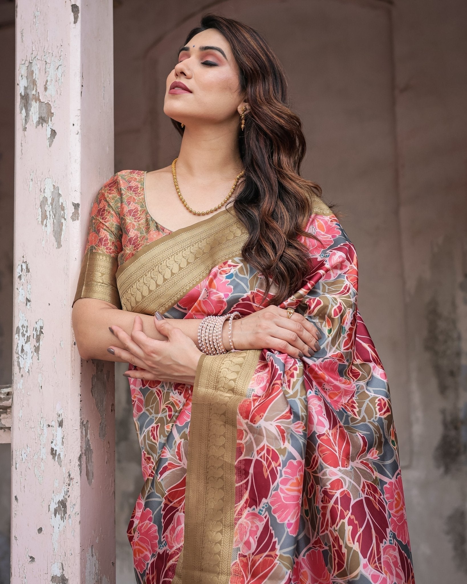 Gold Banarasi Silk Saree with Bold Floral Print and Intricate Zari Border