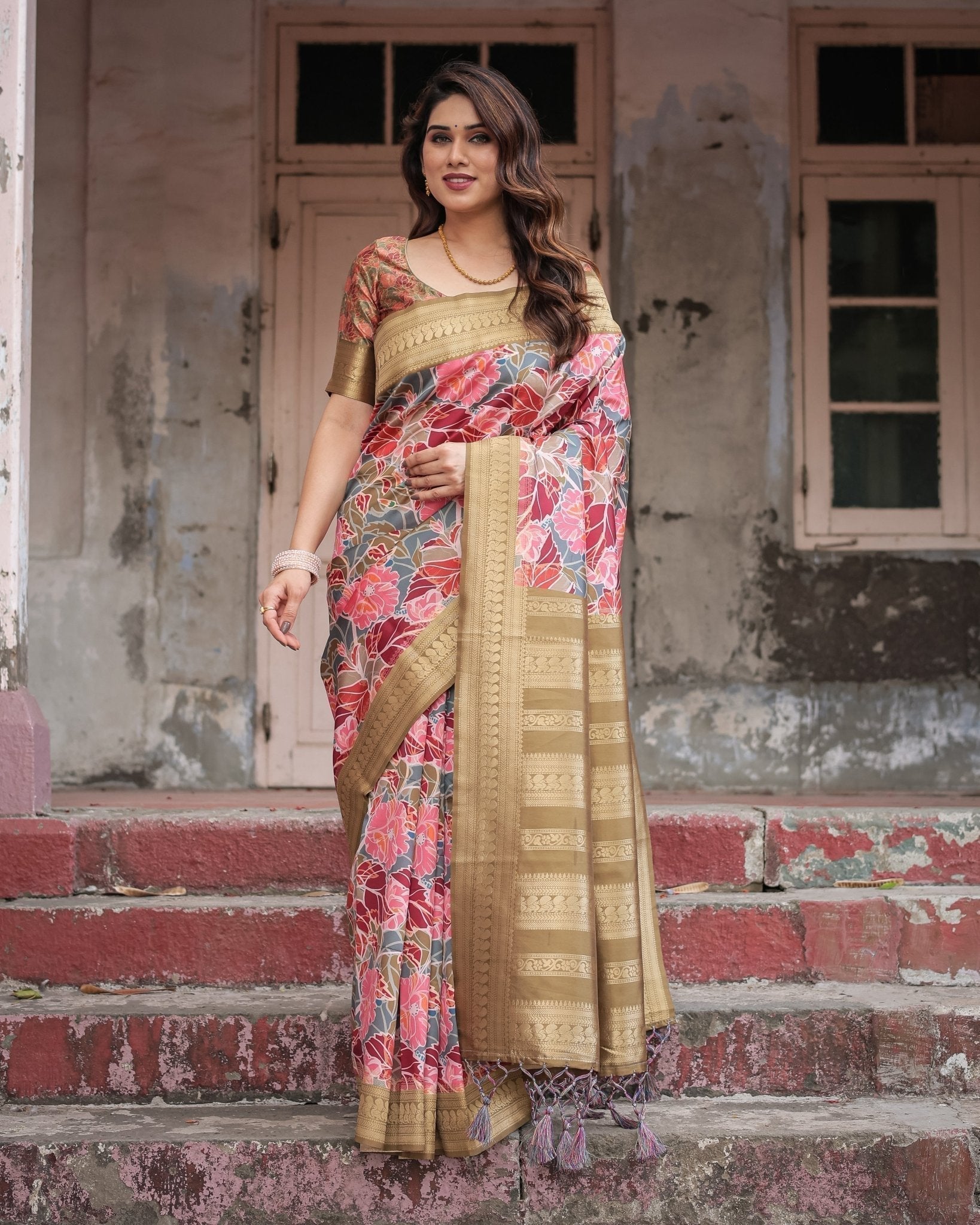Gold Banarasi Silk Saree with Bold Floral Print and Intricate Zari Border