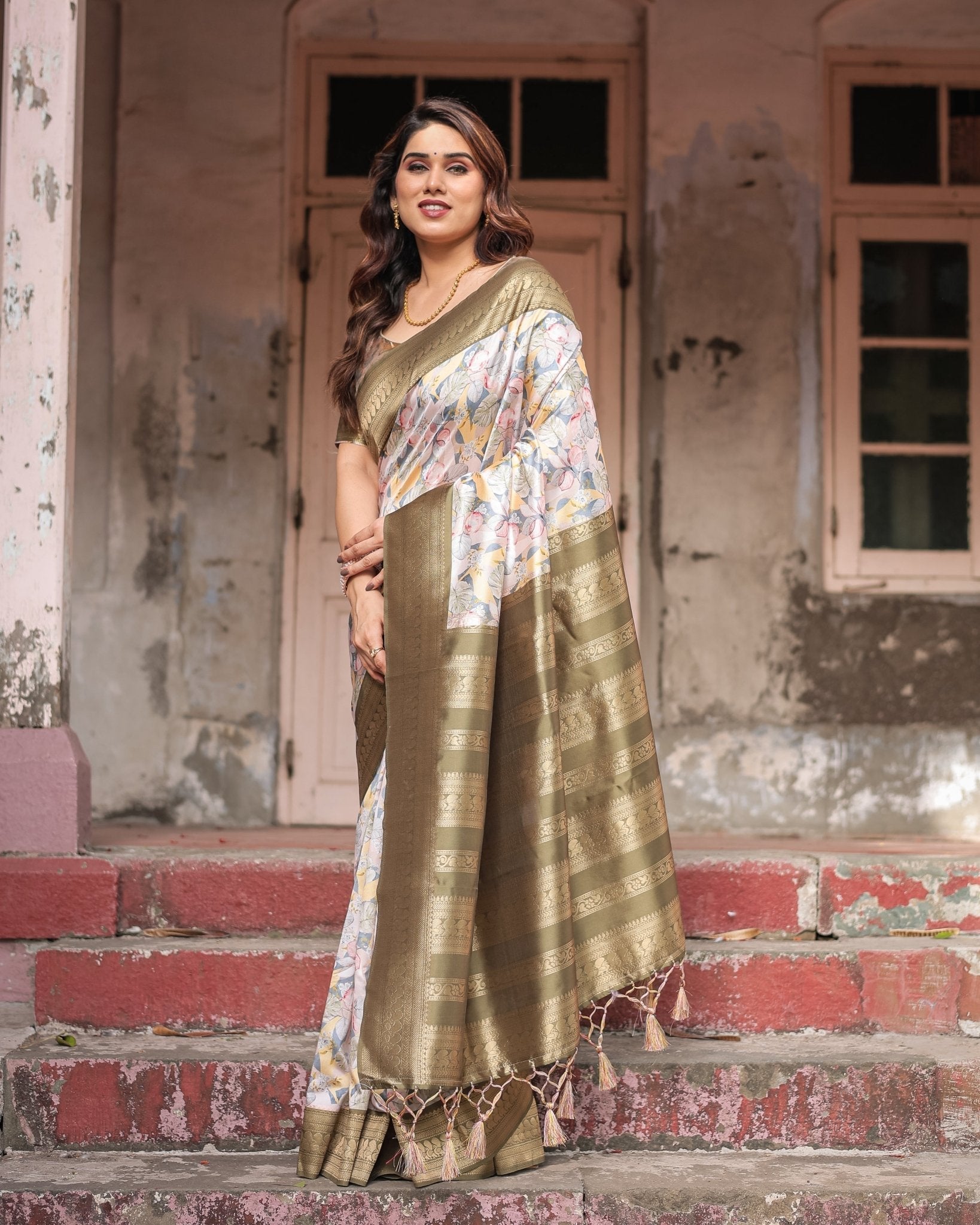 Ivory Banarasi Silk Saree with Gold Zari Border and Multicolor Floral Design