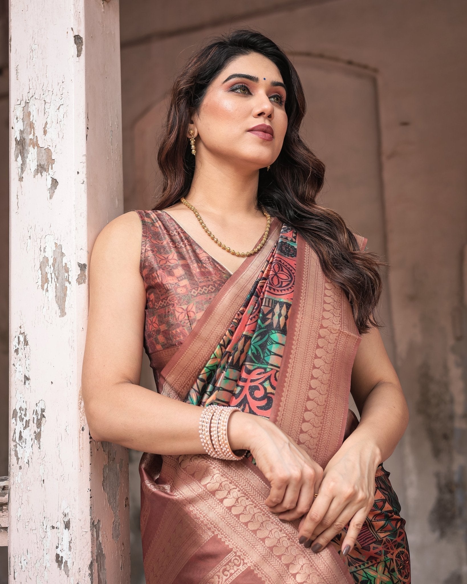 Multicolor Geometric Print Banarasi Silk Saree with Copper Zari Border