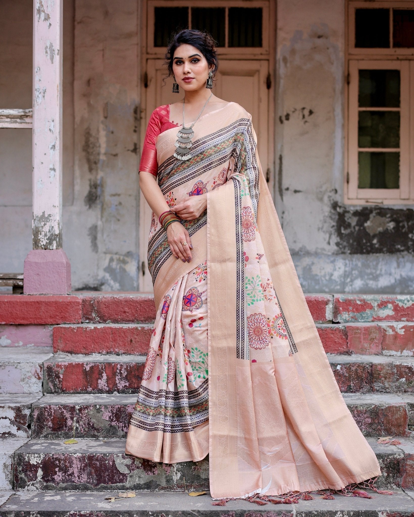 Elegant Peach Banarasi Silk Saree with Multicolor Embroidery and Tassels