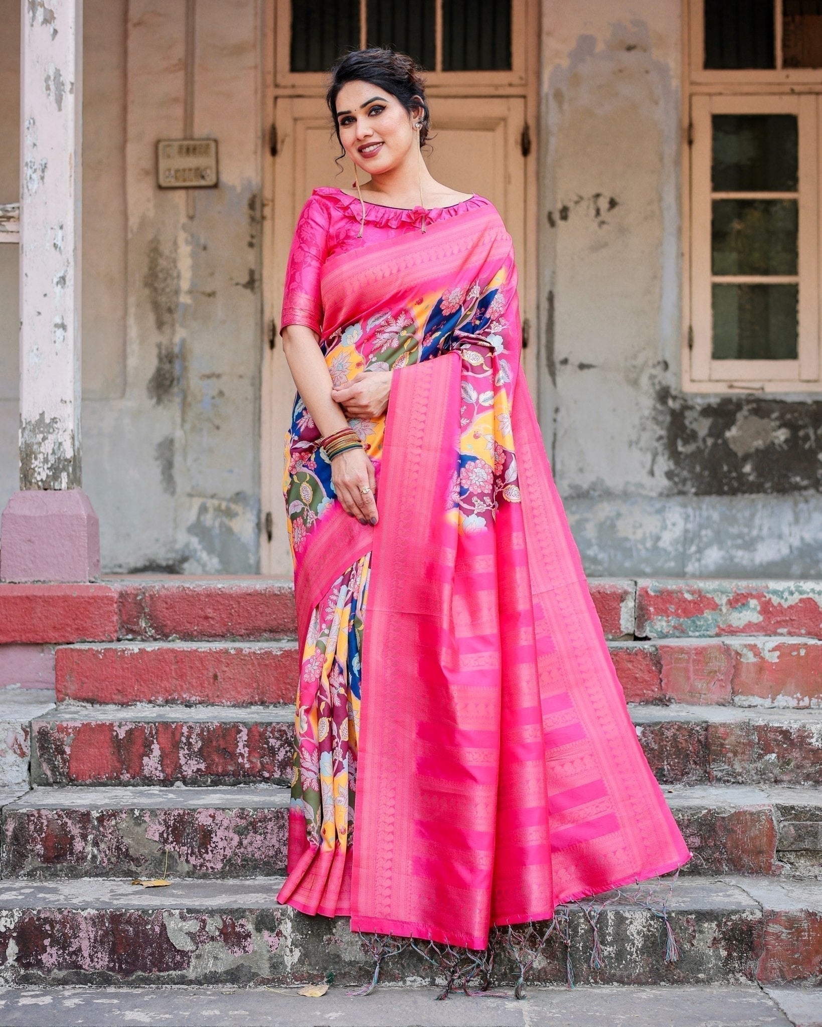 Hot Pink Multicolor Floral Digital Printed Banarasi Silk Saree with Zari Woven Border and Solid Pink Pallu - Includes Tassels