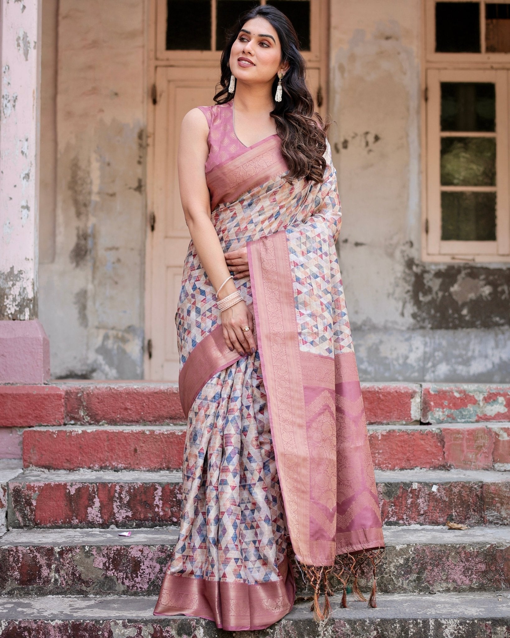 Beige and Pink Geometric Print Banarasi Silk Saree with Zari Weave and Tassel-Embellished Pallu